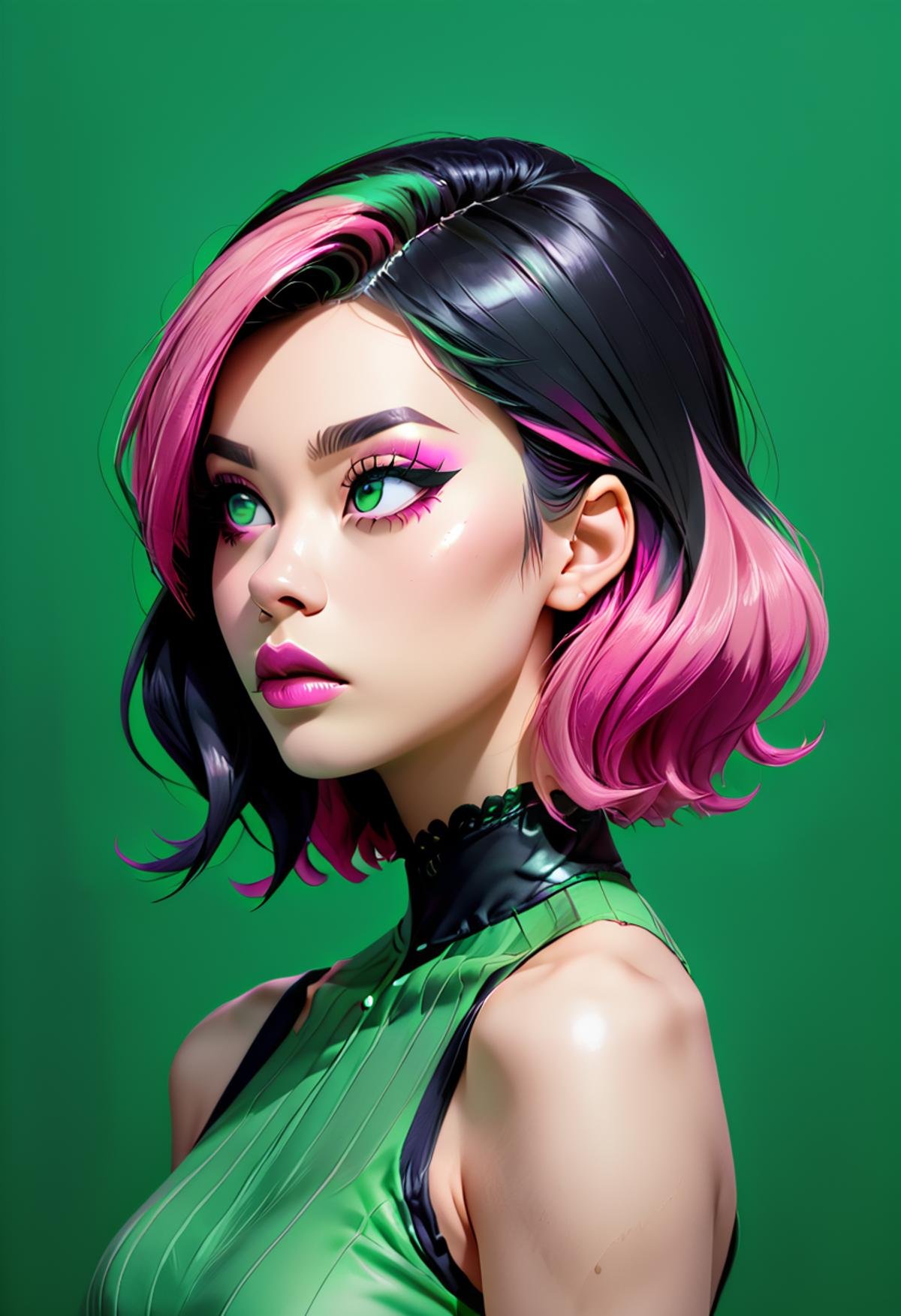 green theme,N1co, two-tone hair, black hair, pink hair(upper body, bust shot, looking away:1.1),green wall, green background <lora:Nico_Nobody_-_PDXL32:0.8>