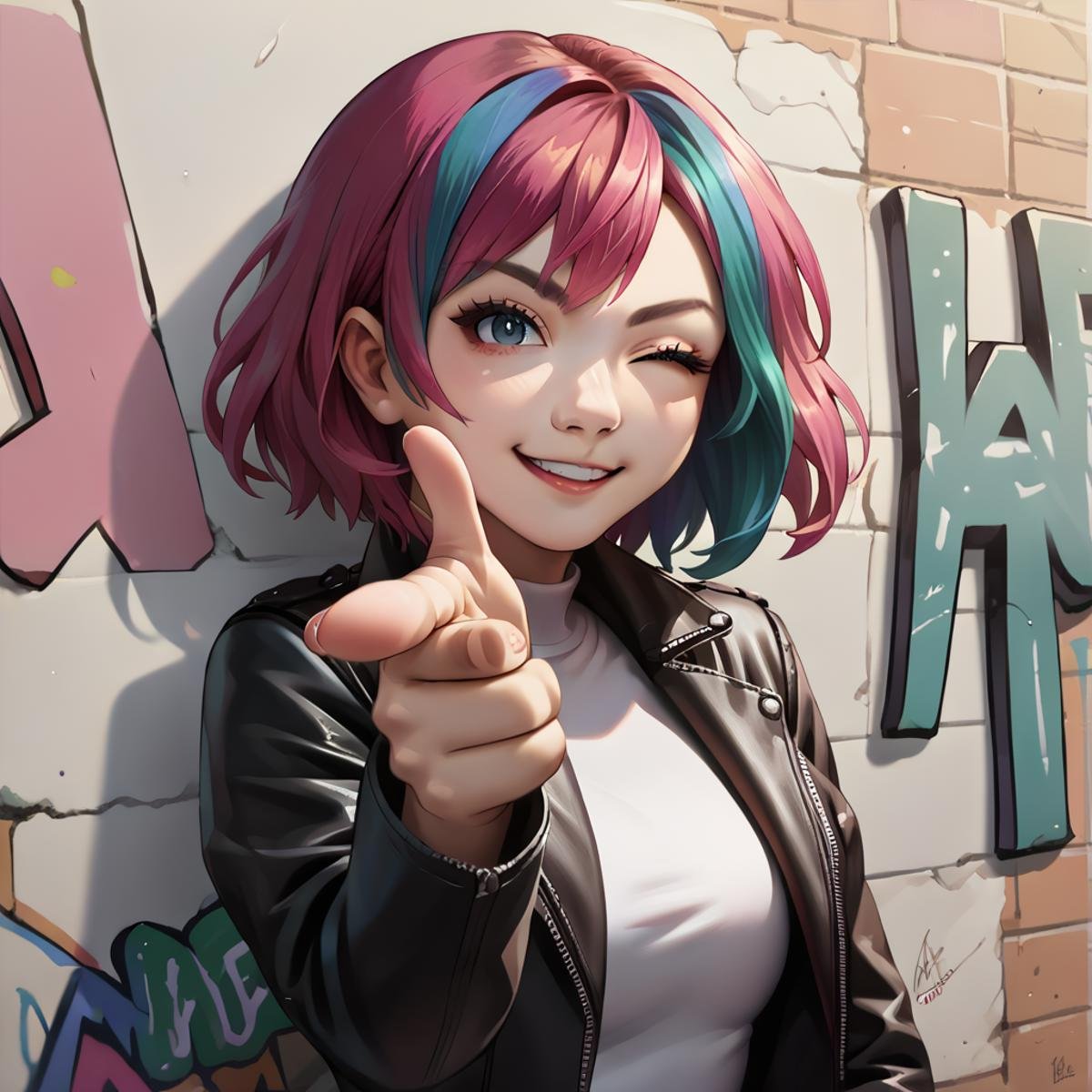 score_9, score_score_9, score_8_up, score_7_up, source_anime, detailed background, wall with graffiti background, 1girl, finger gun, pointing at viewer, <lora:Fingergun_XLPD:1>, upper body,  <lora:Nico_Nobody_-_PDXL64:0.8> N1co, two-tone hair, one eye closed, smiling, leather jacket