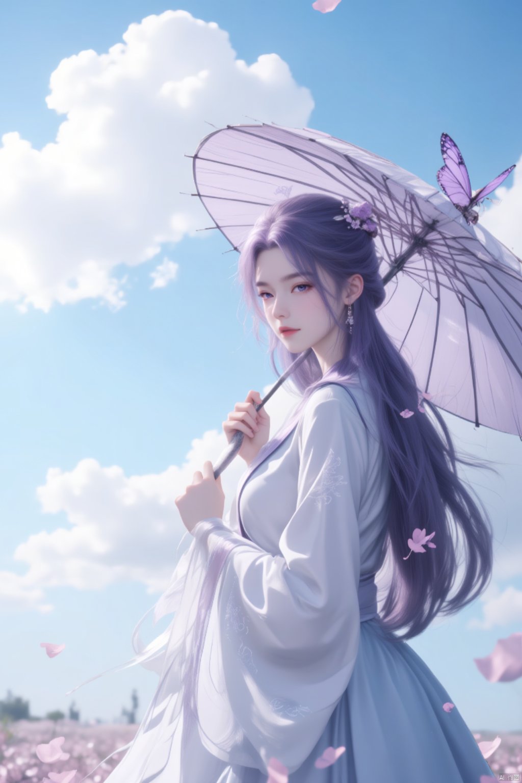  8K image.1girl, solo, long hair, looking at viewer, hair ornament, dress, holding, jewelry, purple hair, flower, earrings, outdoors, sky, day, cloud, hair flower, white dress, from side, blue sky, petals, umbrella, chinese clothes, bug, butterfly, holding umbrella