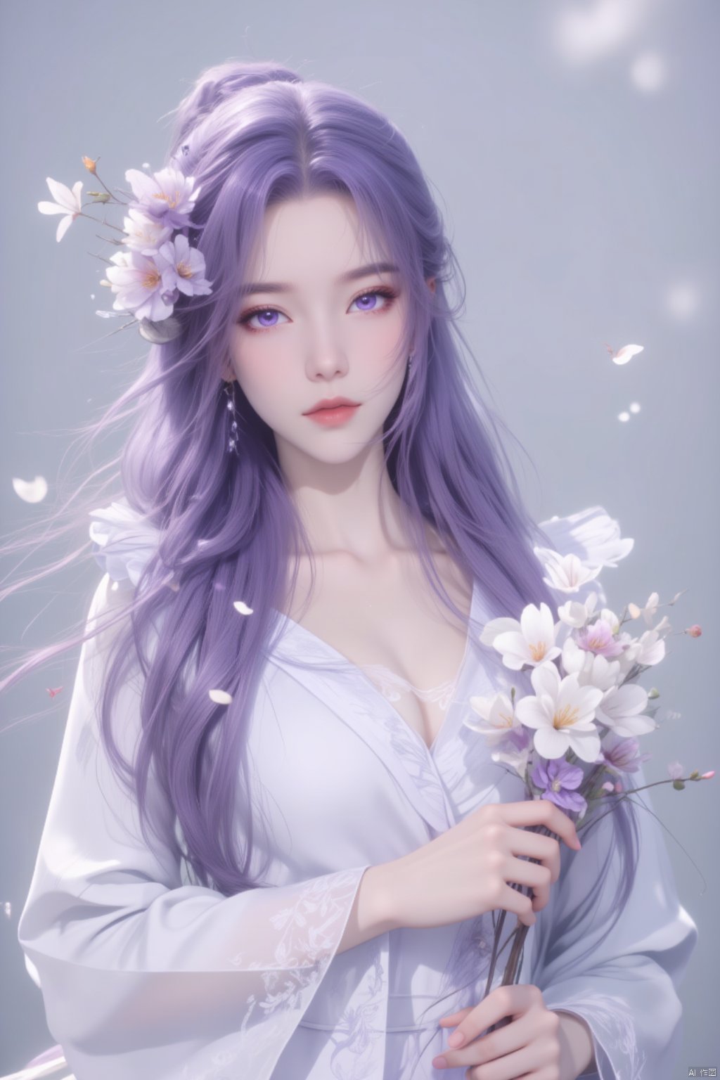  8K image.,purple hair,1girl, solo, long hair, looking at viewer, hair ornament, dress, holding, jewelry, purple eyes, upper body, purple hair, flower, hair flower, necklace, white dress, holding flower