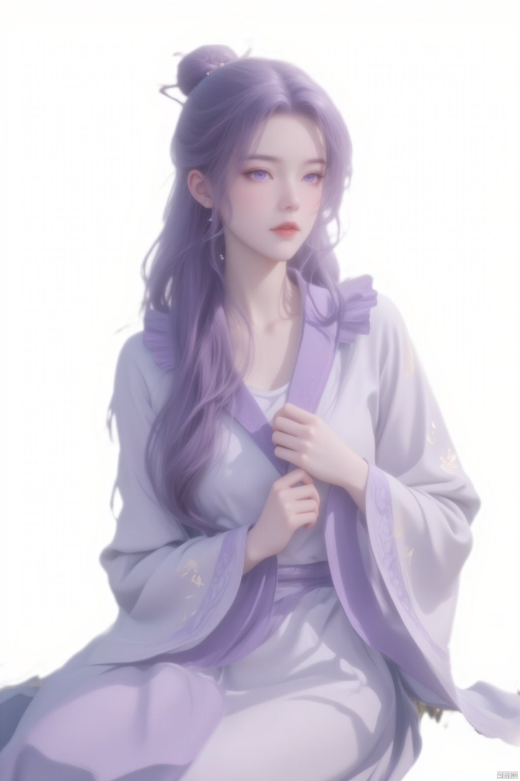  8K image.1girl, solo, long hair, looking at viewer, simple background, hair ornament, long sleeves, white background, dress, sitting, purple eyes, purple hair, hair bun, chinese clothes, single hair bun, purple dress, hanfu