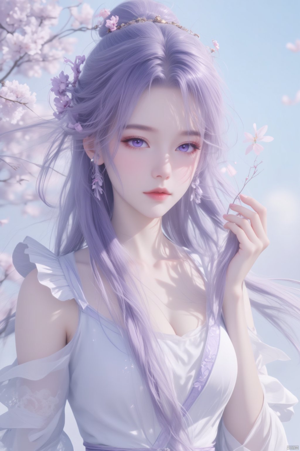  8K image.,purple hair,1girl, solo, long hair, looking at viewer, hair ornament, dress, holding, jewelry, purple eyes, upper body, purple hair, flower, hair flower, necklace, white dress, holding flower