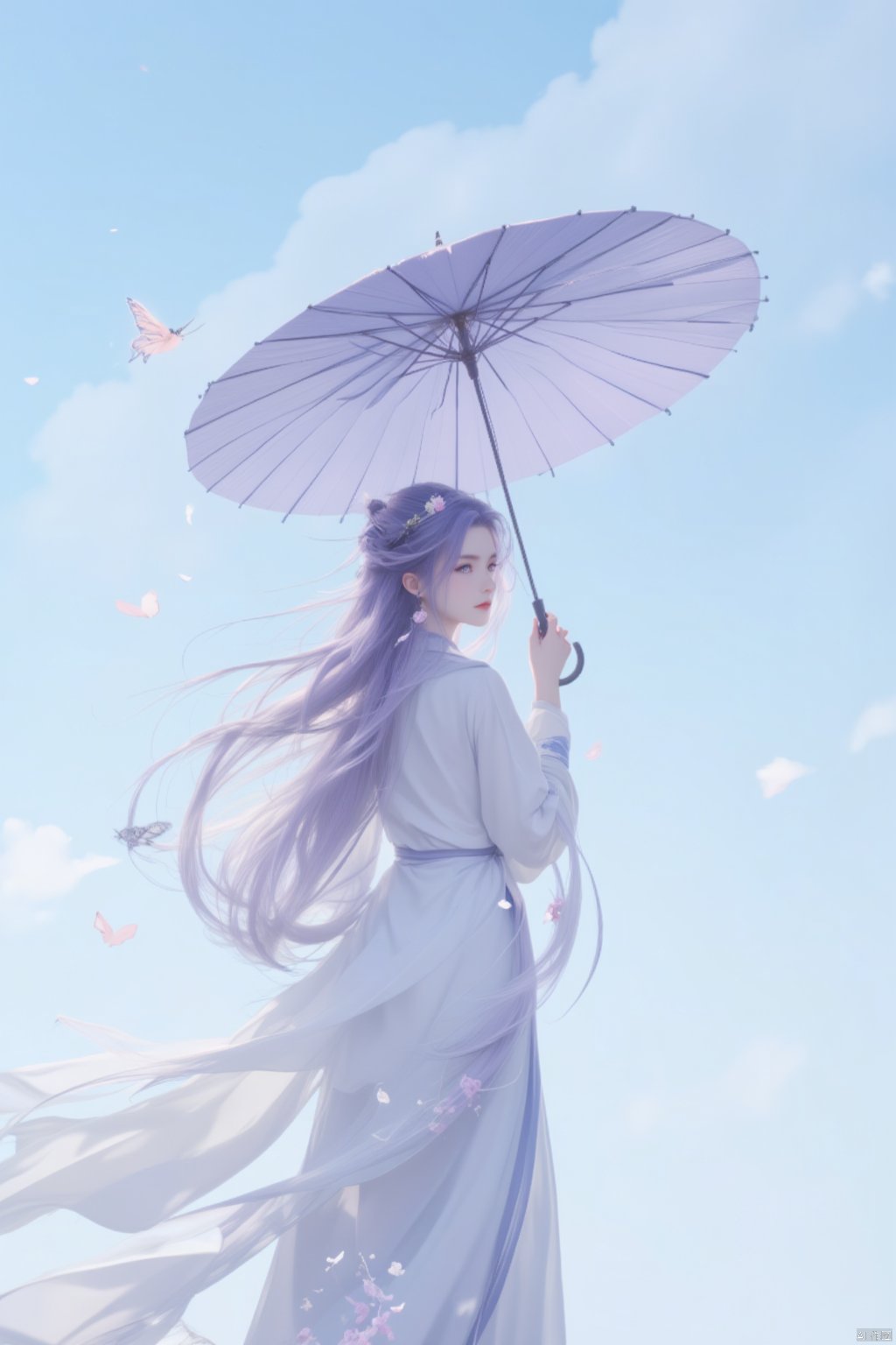  8K image.1girl, solo, long hair, looking at viewer, hair ornament, dress, holding, jewelry, purple hair, flower, earrings, outdoors, sky, day, cloud, hair flower, white dress, from side, blue sky, petals, umbrella, chinese clothes, bug, butterfly, holding umbrella