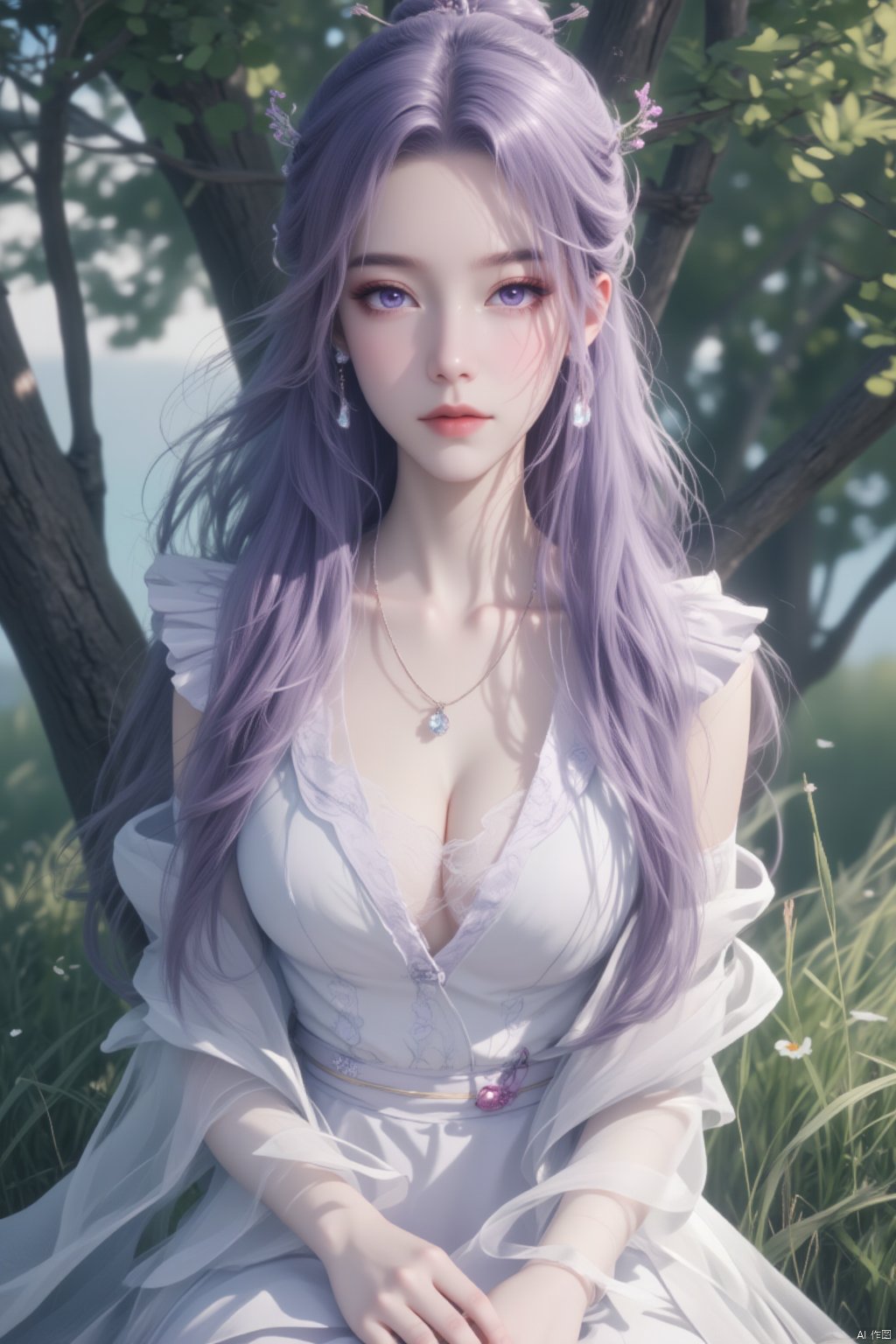  8K image.云曦Flux-起风了,purple hair,1girl, solo, long hair, breasts, looking at viewer, hair ornament, dress, bare shoulders, jewelry, sitting, purple hair, outdoors, necklace, white dress, tree