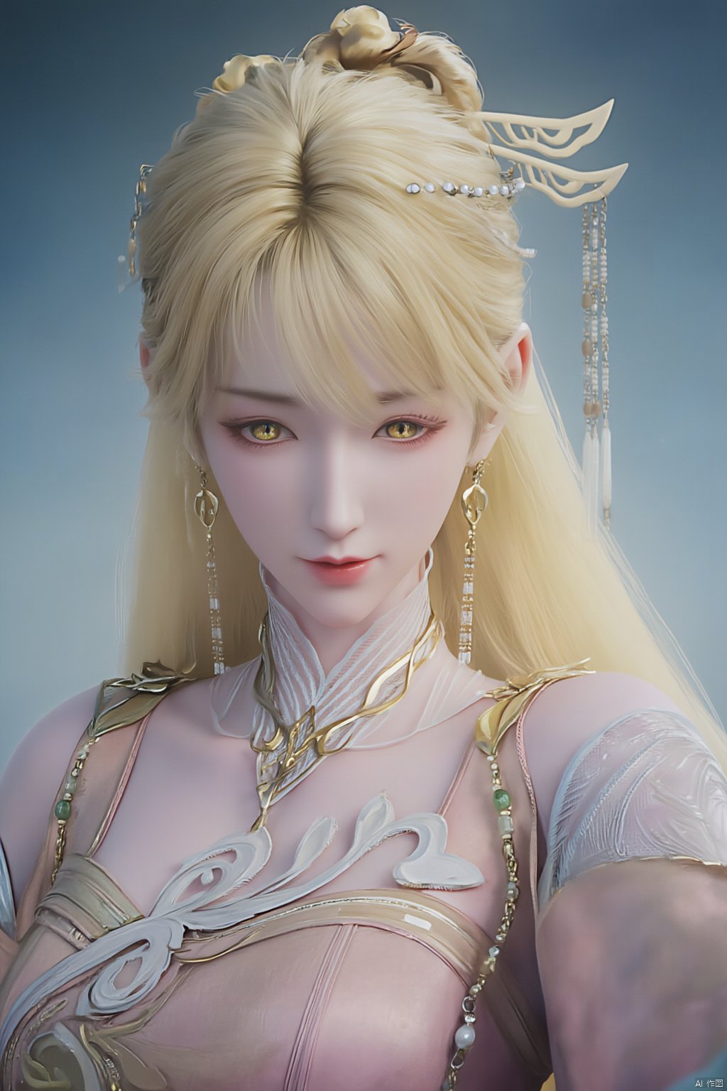  1girl,Bangs, off shoulder, colorful_hair, ((colorful hair)),golden dress, yellow eyes, chest, necklace, pink dress, earrings, floating hair, jewelry, sleeveless, very long hair,Looking at the observer, parted lips, pierced,energy,electricity,magic,tifa,sssr,blonde hair,jujingyi, wangyushan, dofas, forehead mark, (\yan yu\), qingyi,Xluxueqi,Xjinpinger