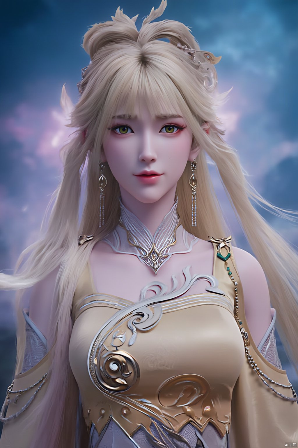  1girl,Bangs, off shoulder, colorful_hair, ((colorful hair)),golden dress, yellow eyes, chest, necklace, pink dress, earrings, floating hair, jewelry, sleeveless, very long hair,Looking at the observer, parted lips, pierced,energy,electricity,magic,tifa,sssr,blonde hair,jujingyi, wangyushan, dofas, forehead mark, (\yan yu\), qingyi,Xluxueqi,Xjinpinger