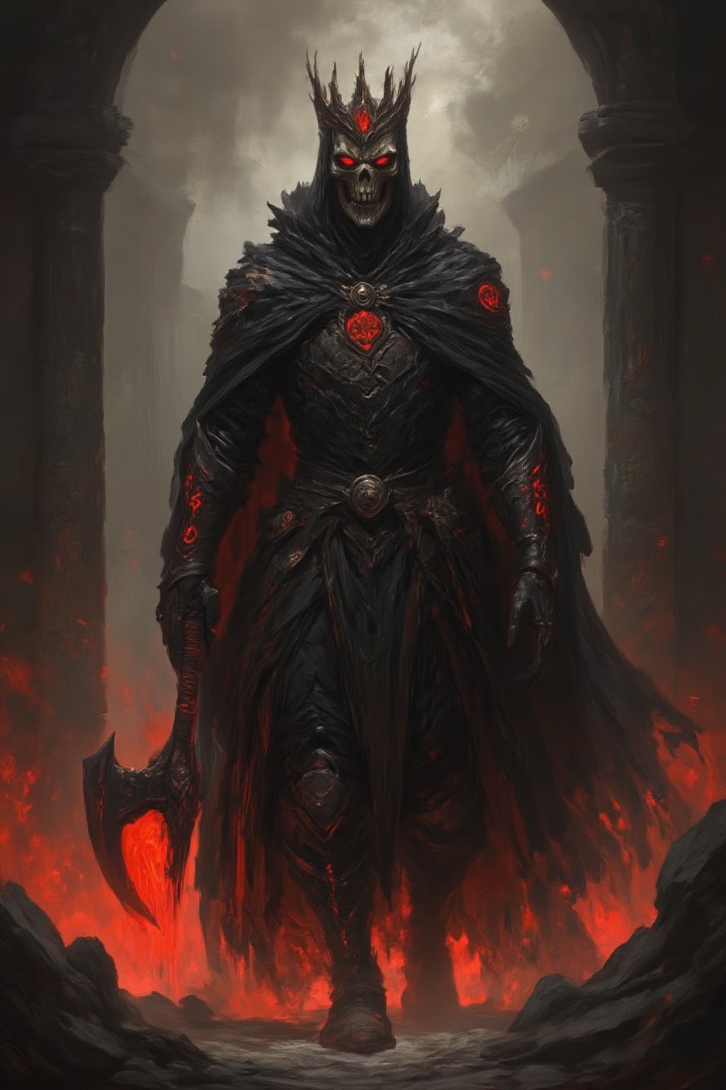 The Skeleton King strides through an ancient, ruined castle, his tattered cloak flowing behind him like a shadow. His skull is adorned with a crown of jagged bones, and his armor is inscribed with glowing red symbols of long-forgotten power. In his hand, he wields a massive axe, its blade etched with dark runes that pulse with an ominous energy. His hollow eyes blaze with an unholy fire, and with every step, the ground quakes and the walls crumble. Spectral flames dance around him, and long-dead spirits rise from the floor, forming an ethereal army that follows his command.