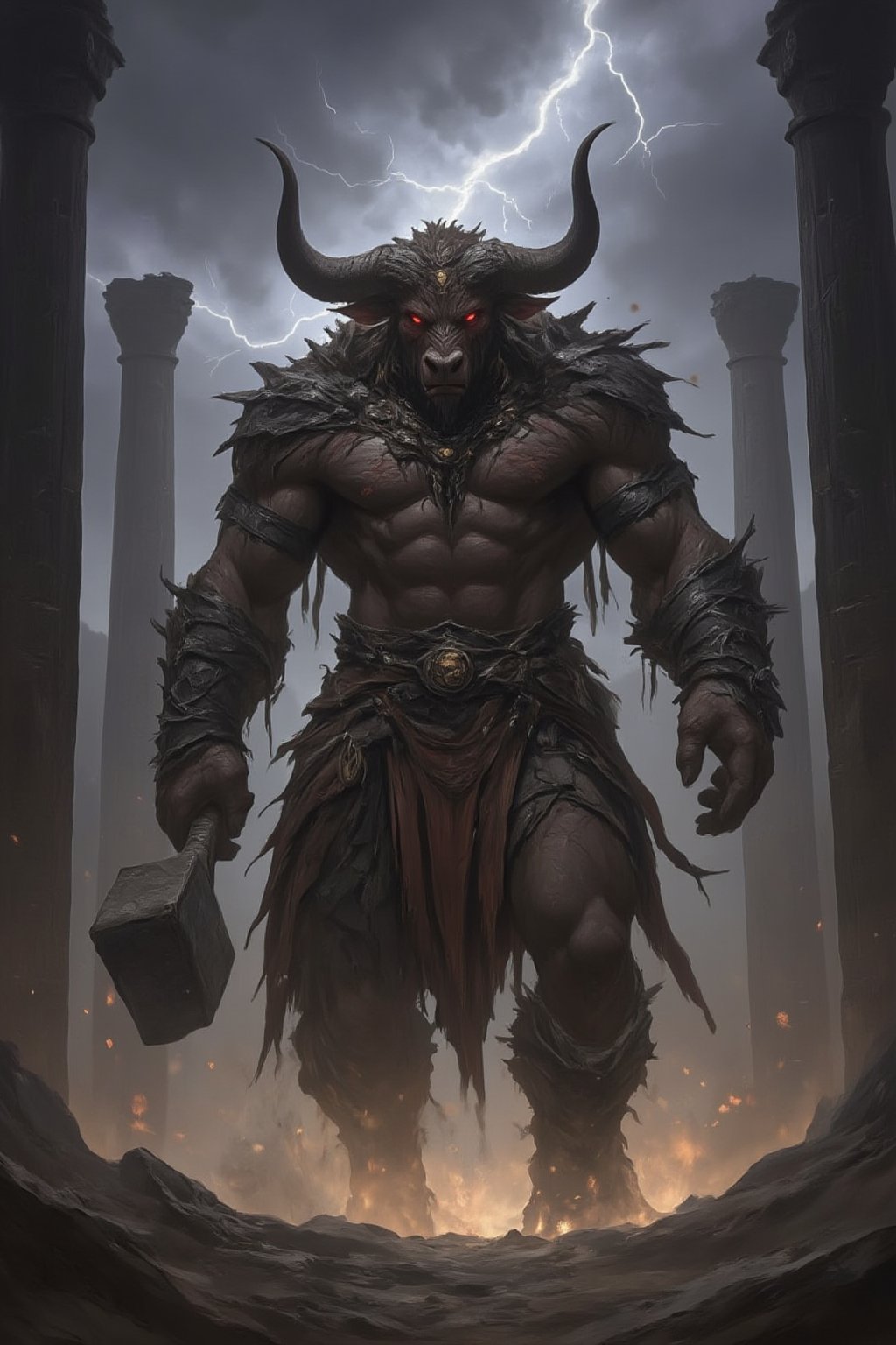 A colossal Minotaur warrior stands at the center of a ruined temple, its enormous muscular body covered in battle scars and adorned with tribal war paint. Massive horns curve upward from its bull-like head, and its glowing red eyes stare with intense fury. It wields a gigantic warhammer, the stone head of which cracks the earth with every swing. Dust swirls around its hooves as it charges forward, the shattered columns of the ancient temple framing its towering form. The sky above is stormy, with lightning flashing ominously. Midjourneyart. Fantasy Drawing.