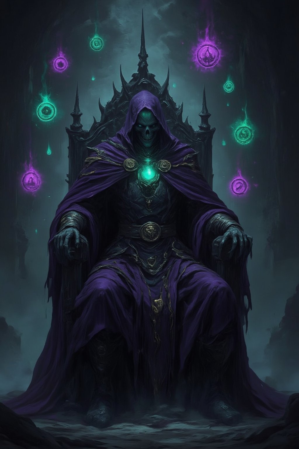 The Lich King stands within his grand, decaying throne room, his hollow gaze surveying the kingdom he once ruled in life. His skeletal form is adorned in flowing robes of deep violet, embroidered with gold and ancient symbols. A long, blackened crown hovers just above his head, glowing faintly with dark energy. He holds a crystal orb in his hand, filled with the souls of the damned. Around him, arcane circles float in the air, glowing in green and purple, whispering incantations that echo through the room. His cold, bony fingers tap the armrest of his throne as he contemplates his next move.