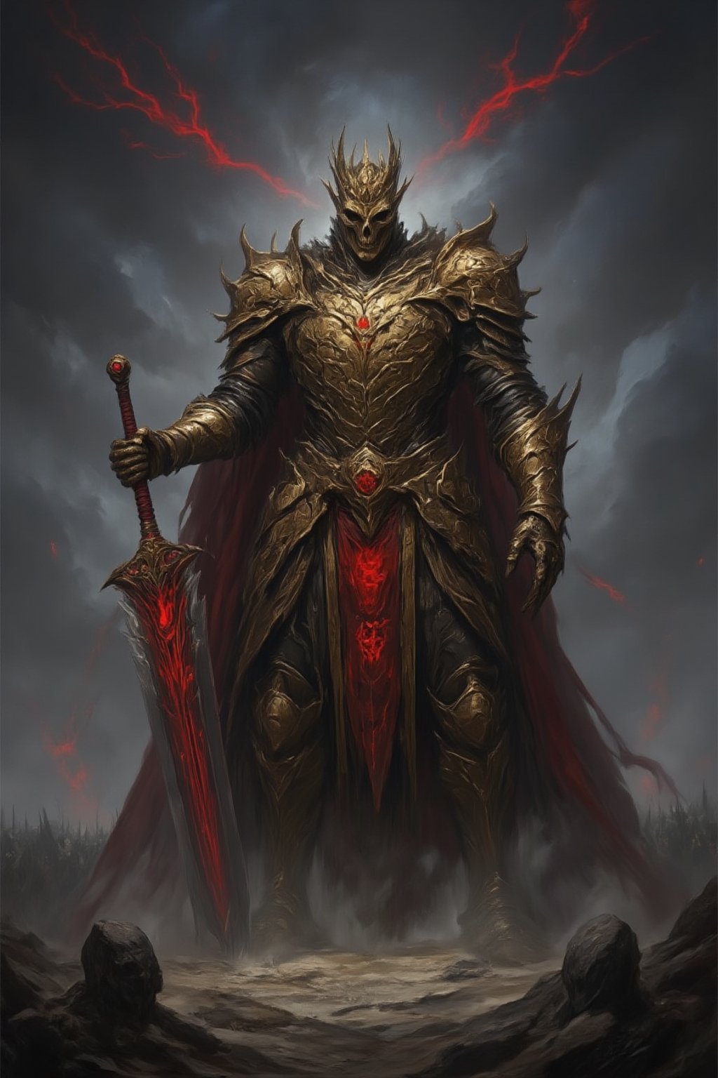 A colossal Skeleton King stands in the heart of a forgotten battlefield. His towering form is adorned in ancient, cracked golden armor, inlaid with glowing crimson runes. His hollow eye sockets burn with an eerie red light. In one hand, he wields a massive, jagged bone sword that hums with dark magic. The ground beneath his feet is cracked and splintered, as shadowy spirits swirl around him, whispering lost secrets. Behind him, an endless army of skeletal warriors stretches across the horizon, awaiting his command. The sky above is filled with dark clouds, pierced by occasional flashes of red lightning.