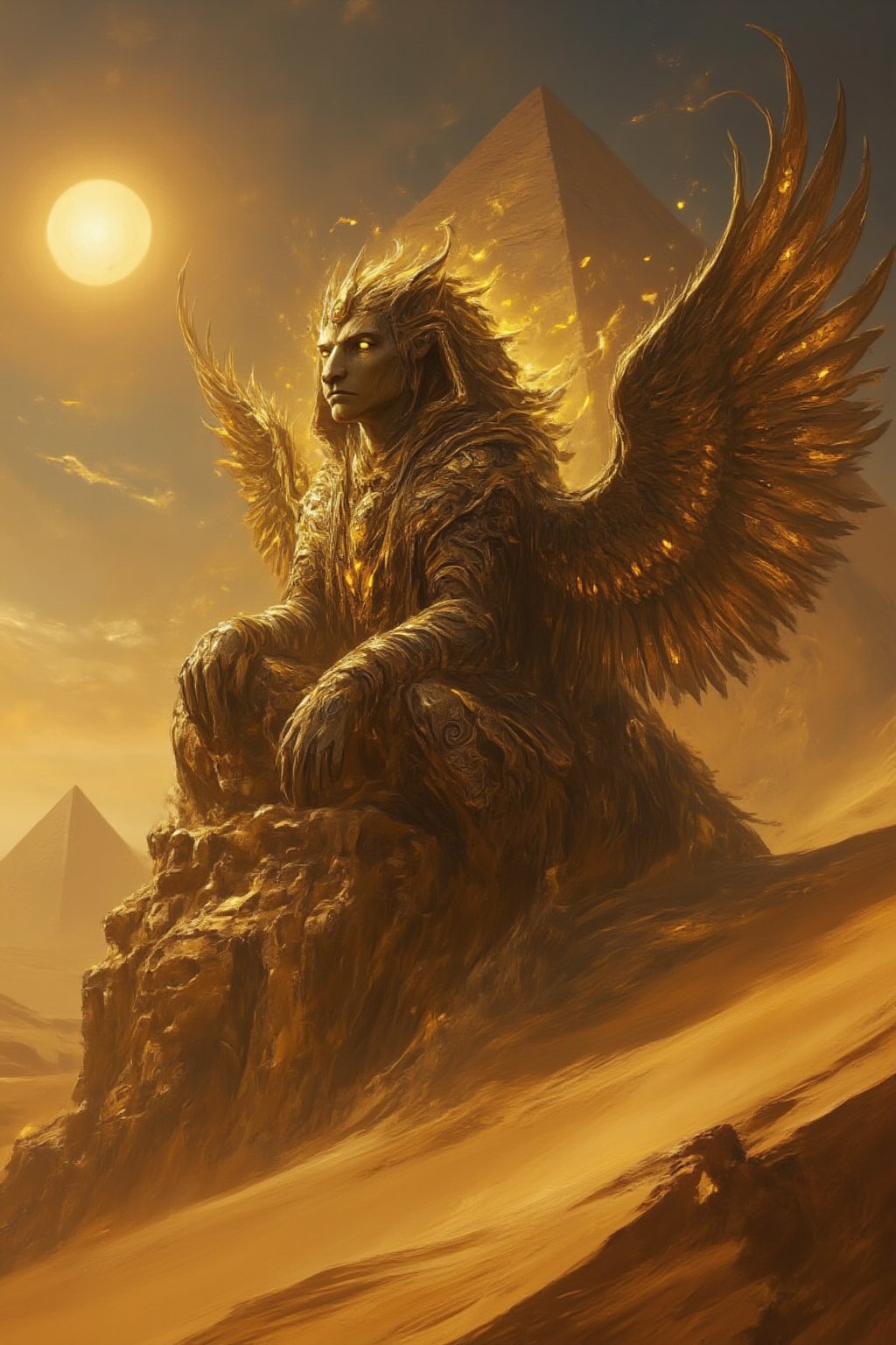 An ancient Sphinx rests atop a golden dune under the blazing desert sun, its massive lion body shimmering with divine power. Its human-like face is calm yet foreboding, with glowing eyes that hold ancient wisdom. Majestic, feathered wings stretch wide, casting a shadow over the sand. The Sphinx’s fur is adorned with golden patterns, and an aura of mysticism surrounds it. In the distance, pyramids and ancient ruins rise from the sands, partially buried by time. The wind howls through the desolate landscape, carrying whispers of forgotten riddles. Midjourneyart. Fantasy Drawing.