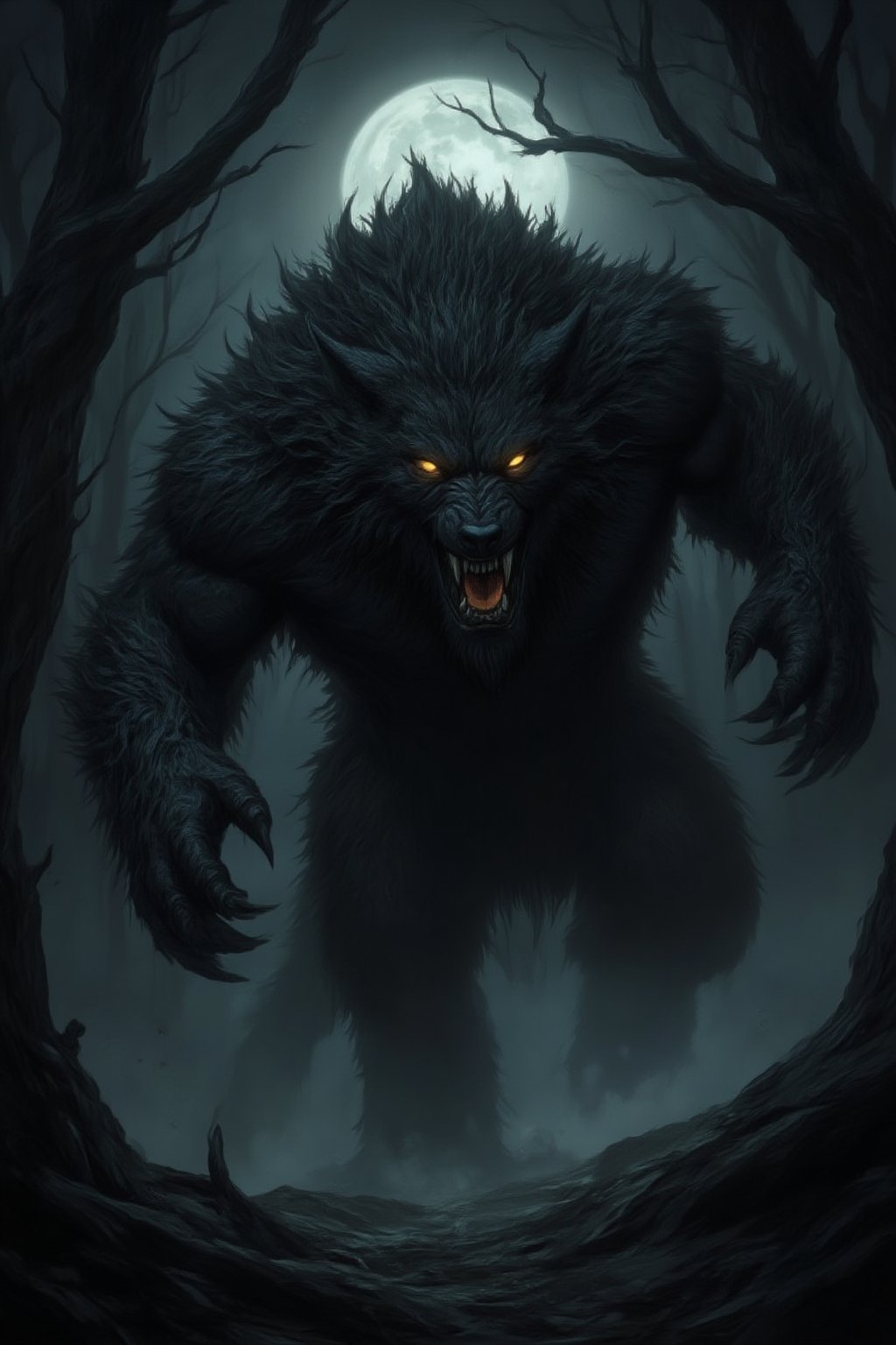 A ferocious Werewolf leaps through a dark, fog-covered forest, its massive lupine body covered in shaggy, black fur. Its glowing yellow eyes burn with hunger, and its sharp claws gleam in the moonlight. Muscles bulging, it lands with a powerful thud, snarling and revealing rows of jagged, bloodstained teeth. Shadows cling to its form, making it seem almost part of the night itself. Behind it, the full moon shines through the twisted, barren trees, casting an eerie glow across the forest. The ground beneath it is littered with fallen leaves and broken branches. Midjourneyart. Fantasy Drawing.