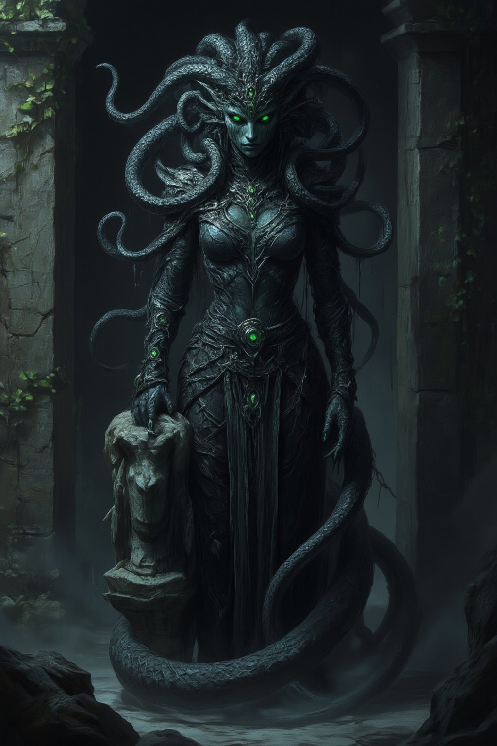 A terrifying Gorgon stands at the entrance of a forgotten temple, her lower body that of a giant serpent, coiled and ready to strike. Her upper body is humanoid but covered in dark, metallic scales, with glowing green eyes that paralyze with a single gaze. Snakes writhe and hiss upon her head, each one as venomous as she is deadly. Her sharp claws grip a petrified stone statue of a warrior, one of many scattered around her. The temple behind her is ancient, crumbling, and overgrown with vines, its dark corridors whispering of lost souls. Midjourneyart. Fantasy Drawing.