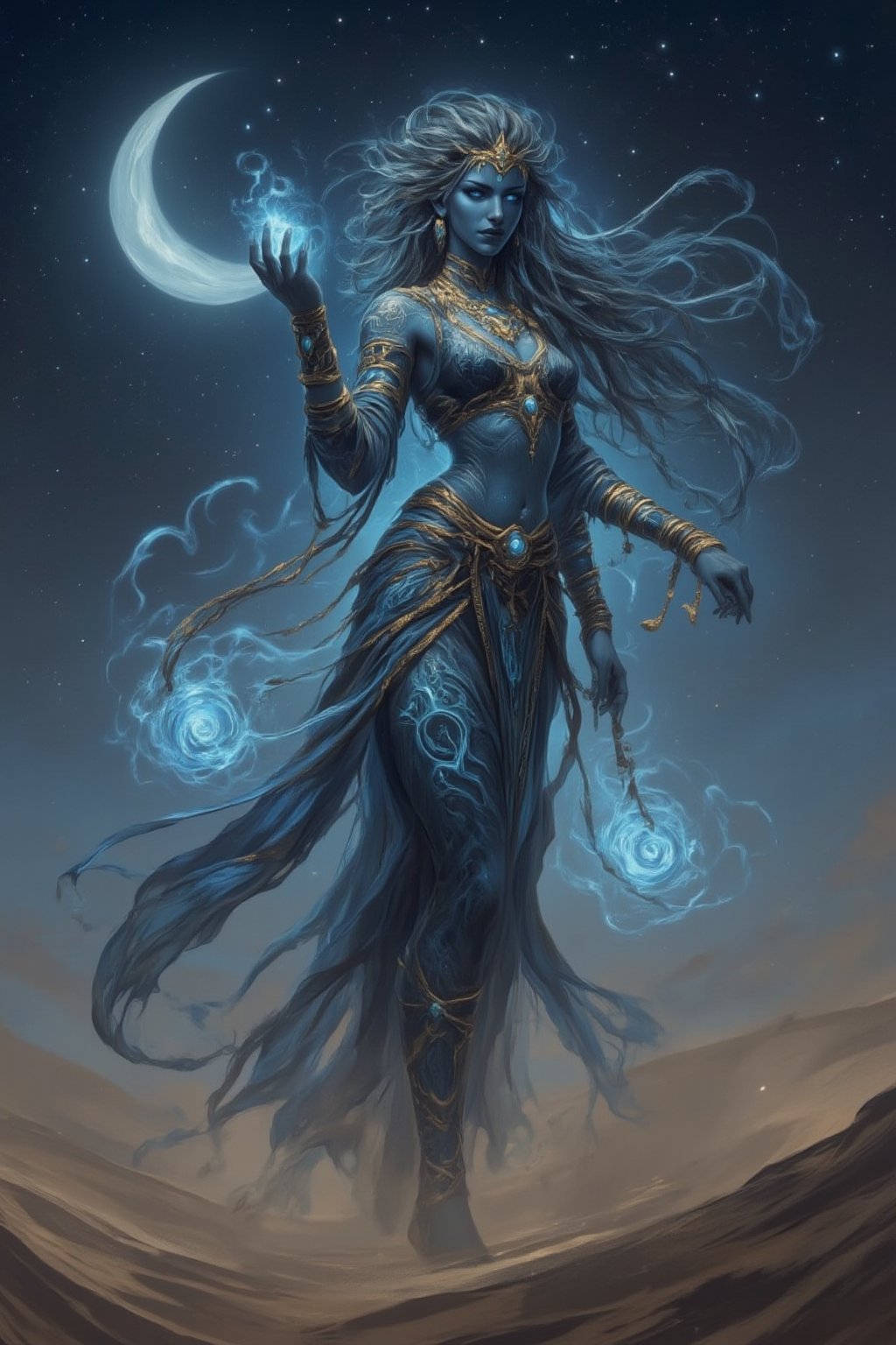 A powerful Female Jinn floats ethereally above the sands of an endless desert, her form shifting between a humanoid shape and swirling smoke. Her eyes glow with an otherworldly light, and her long hair flows like molten silver, shimmering in the moonlight. Intricate golden jewelry adorns her wrists, neck, and ankles, each piece enchanted with ancient magic. Her skin is deep blue, covered in faintly glowing tattoos of ancient runes. The wind howls around her as she raises her hand, summoning a vortex of sand and magic. The sky is lit with thousands of stars, and the crescent moon hangs high. Midjourneyart. Fantasy Drawing.