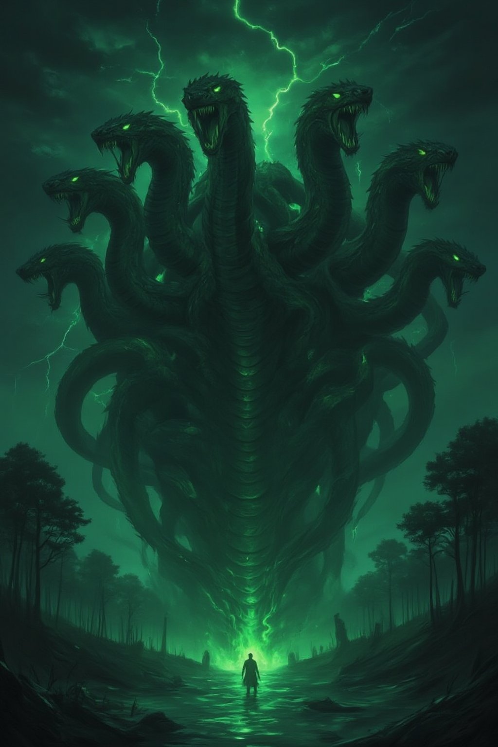 A gigantic Hydra rises from the depths of a swamp, its five serpentine heads hissing with venomous fury. Each head has glowing, slit-pupil eyes and rows of razor-sharp fangs dripping with toxic poison. The creature’s dark, scaly bodies twist and coil around each other, towering over the water. Its muscular tails thrash through the swamp, sending waves crashing against the trees. A thick, green mist surrounds it, and the ground is littered with the bones of those foolish enough to challenge it. In the distance, lightning strikes illuminate the ominous, stormy sky. Midjourneyart. Fantasy Drawing.