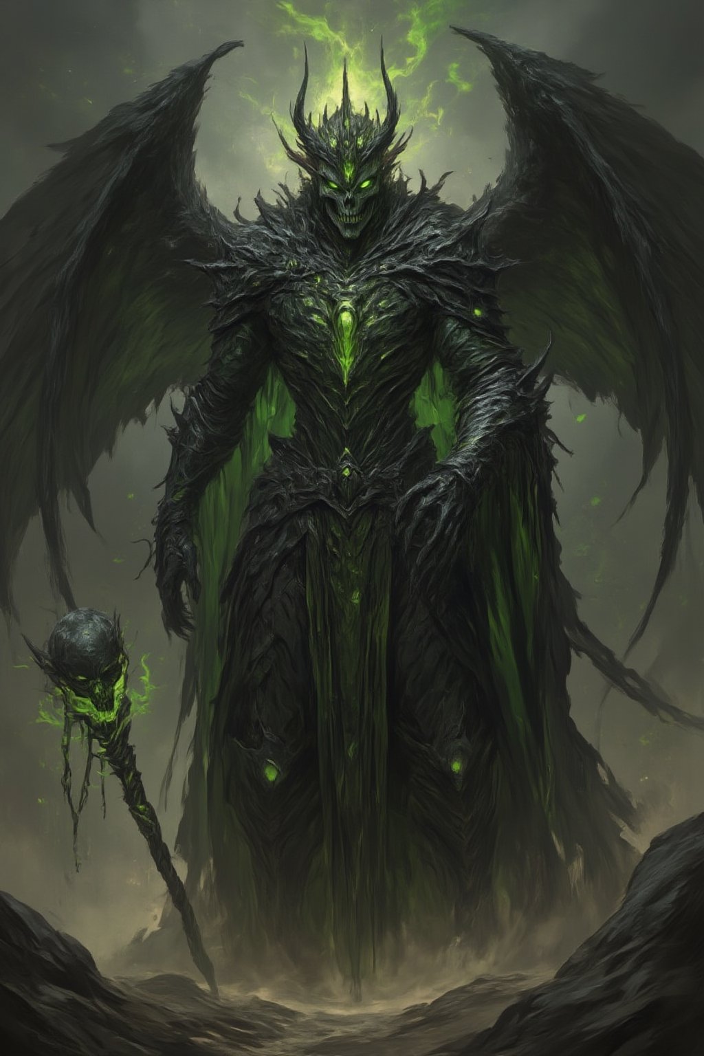 The Skeleton King, with a towering presence, rises from an ancient tomb buried deep in the earth. His form is clad in dark, rusted armor, with enormous skeletal wings made from blackened bone extending from his back. His eyes burn with a chilling green fire, and a jagged crown of obsidian rests upon his skull. In his hand, he holds a great staff made of twisted bone, the top of which is adorned with a skull that whispers ancient necromantic incantations. His aura exudes raw power, causing the earth beneath him to crack and skeletal hands to emerge from the ground.