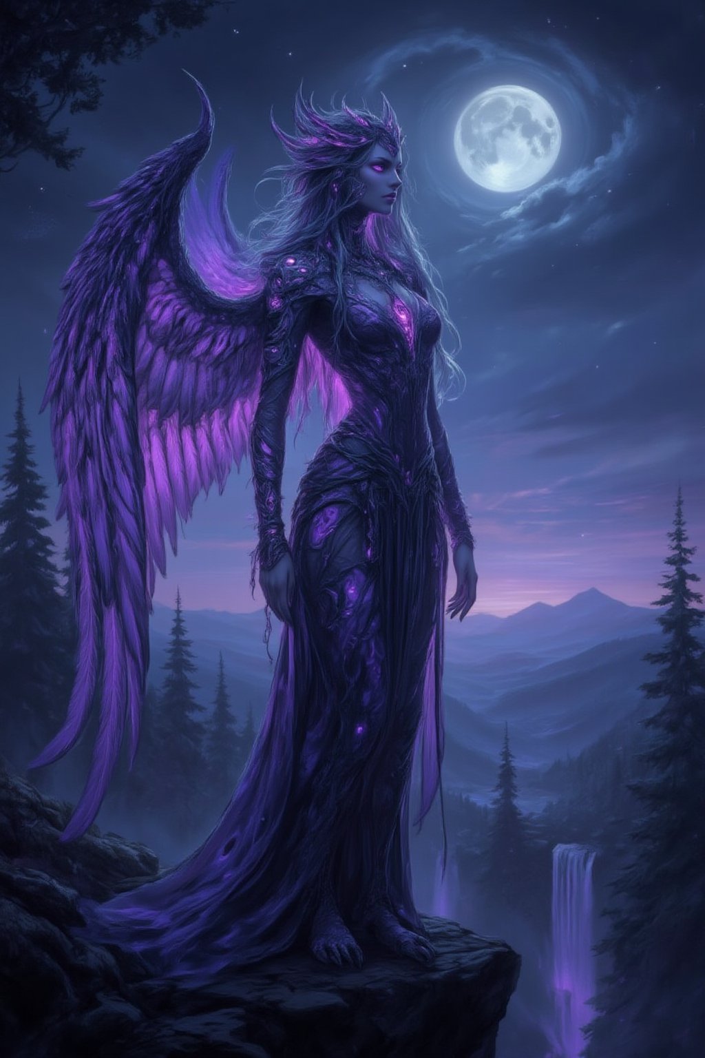 A mesmerizing Harpy with delicate bird-like wings covered in iridescent feathers stands gracefully on a cliff's edge. Her humanoid face is stunningly beautiful, with soft, ethereal features and large, luminous violet eyes that shimmer in the moonlight. Her long, silken hair cascades down her back, blending with the feathers at her shoulders. Her slender, talon-like feet gently grip the rocky surface as she gazes over the twilight horizon. The air around her hums with magic as her wings gently flutter, casting soft shadows over the enchanted forest below. Midjourneyart. Fantasy Drawing.