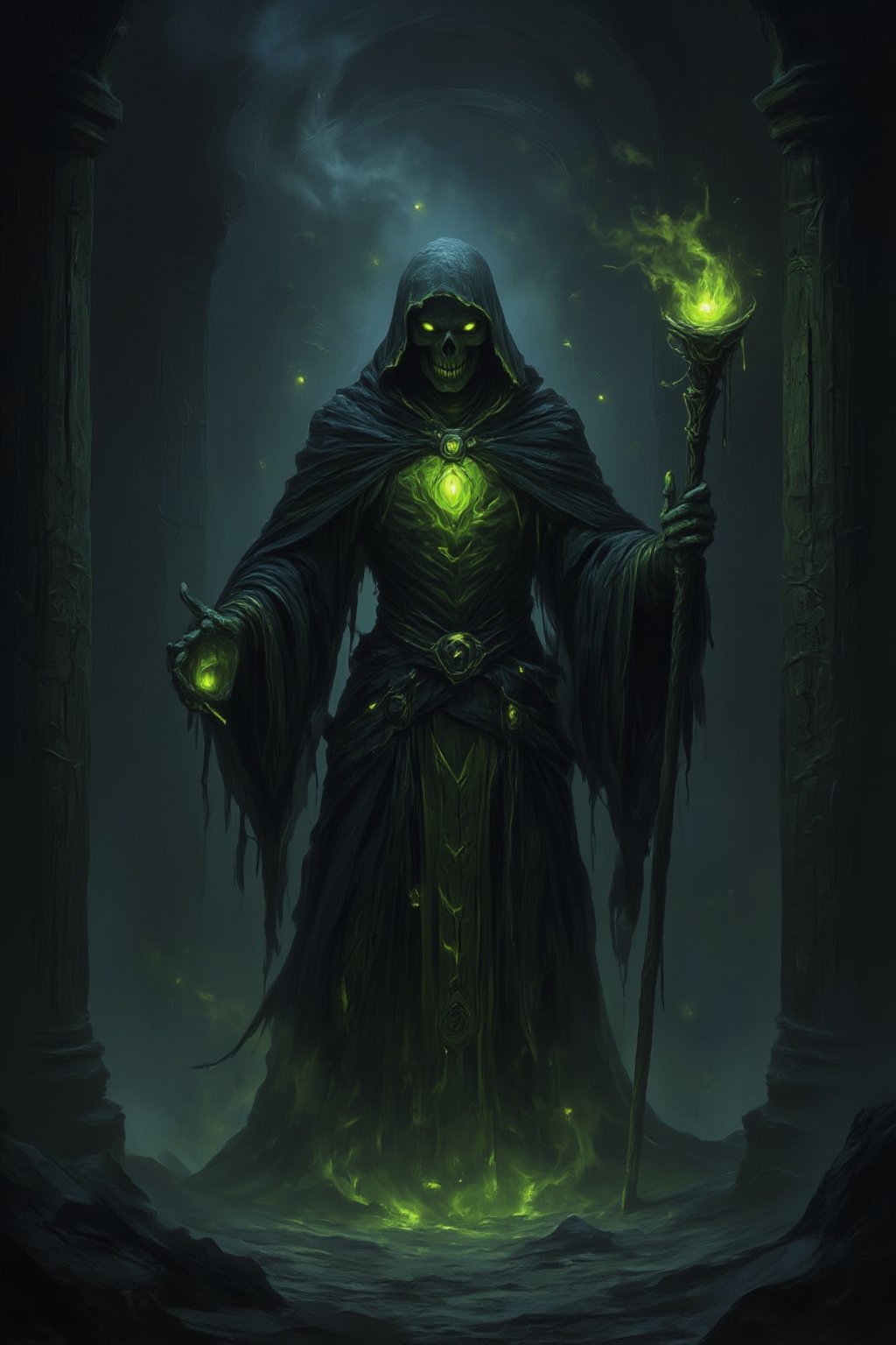 A towering Lich stands in the center of a crumbling, darkened crypt, its skeletal body draped in tattered robes that flow with an unnatural wind. Glowing, hollow eyes burn with unholy magic from deep within its skull, and in one skeletal hand, it clutches a staff topped with a glowing green gem. Shadows swirl around it, and the air is thick with dark magic as the Lich raises the dead to do its bidding. The walls of the crypt are covered in ancient runes, glowing faintly with dark energy. Dust and cobwebs fill the ancient, decaying tomb. Midjourneyart. Fantasy Drawing.