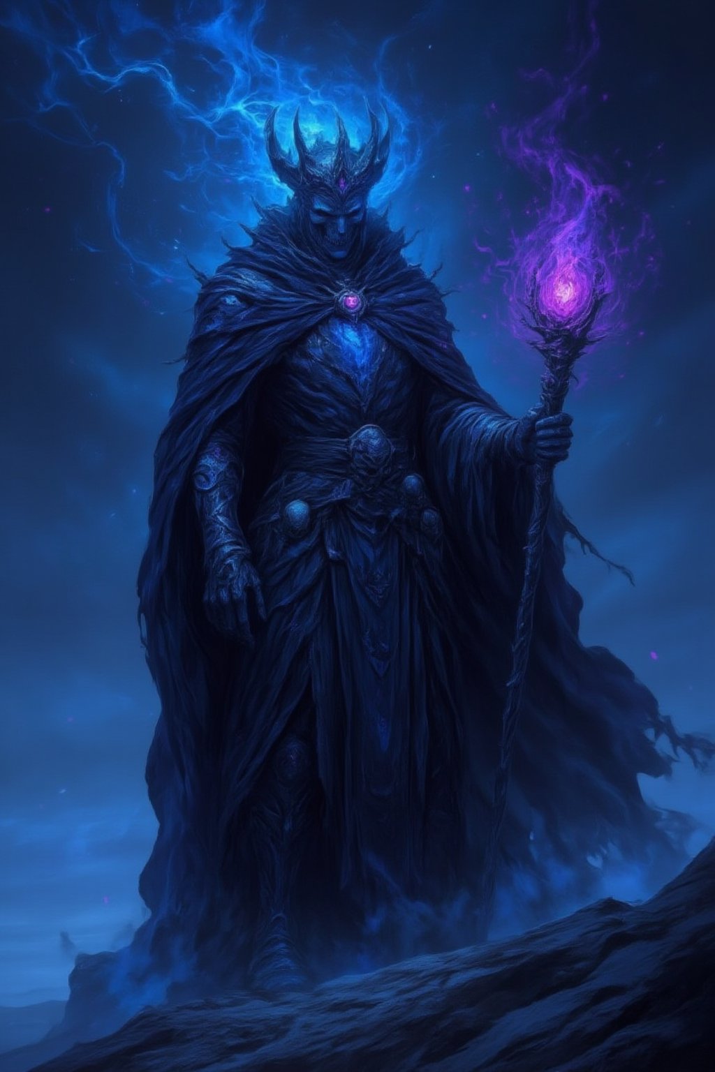 The Lich King stands atop a desolate mountain, cloaked in a robe of shadows that flutter in an invisible wind. His skeletal face is hidden beneath a crown of glowing, floating skulls, each exuding dark arcane energy. His hands, bony and covered in intricate magical sigils, clutch a staff topped with a glowing purple crystal that pulses with forbidden power. The air around him is thick with a cold mist, as the spirits of the dead spiral upward toward the night sky, which glows faintly with a spectral blue light. His piercing gaze is fixed on the distant horizon, where the lands tremble before his might.