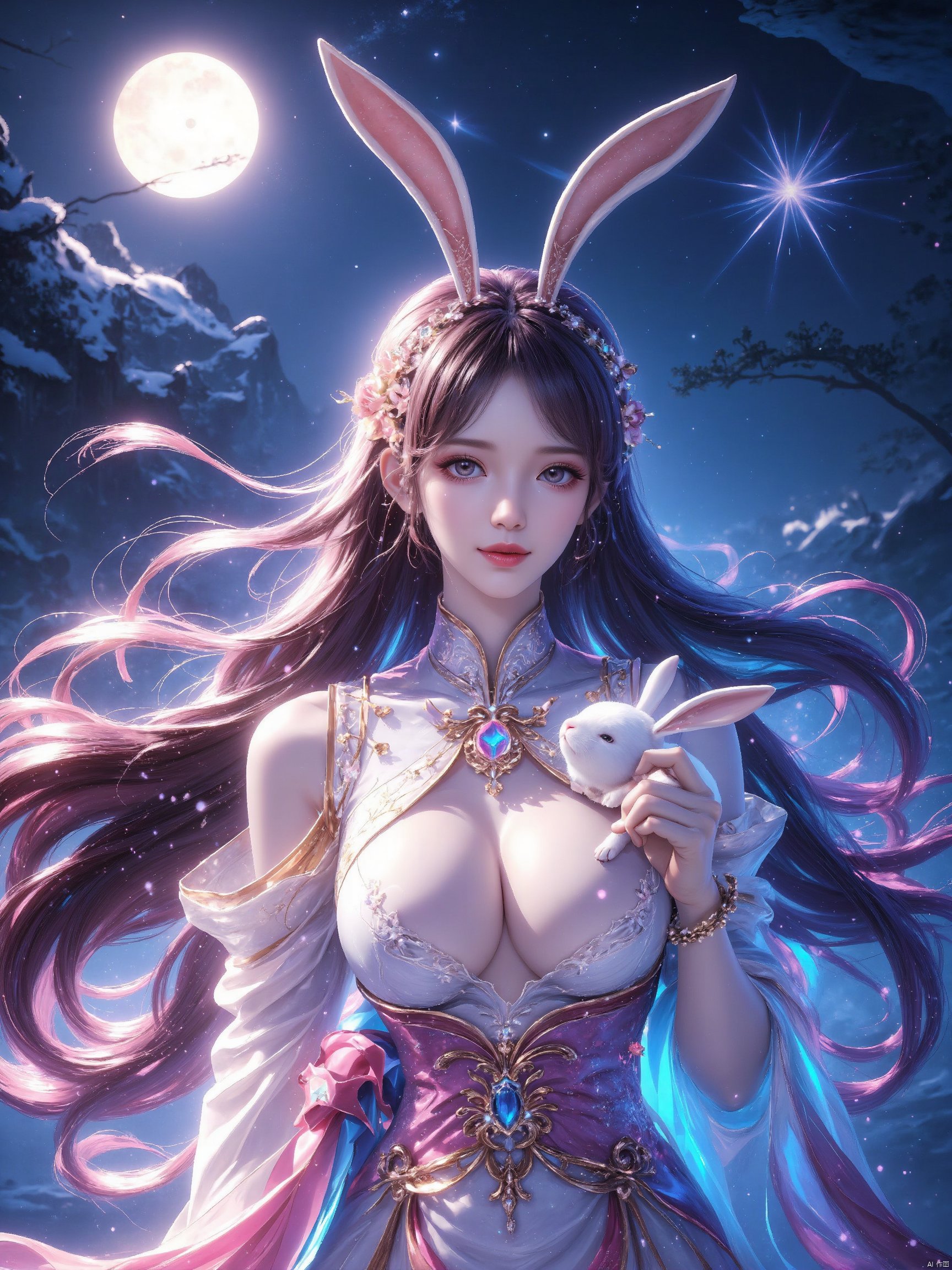 In a dreamlike scene, a woman embodying the Chang'e beauty stands out against a vibrant, fluorescent background teeming with stars. Her clean and beautiful face radiates serenity as she wears a kaleidoscope of colors that seem to shift and shimmer in harmony with the celestial bodies above. She holds a white rabbit close to her heart, while the glowing moon casts an ethereal light on the entire composition.