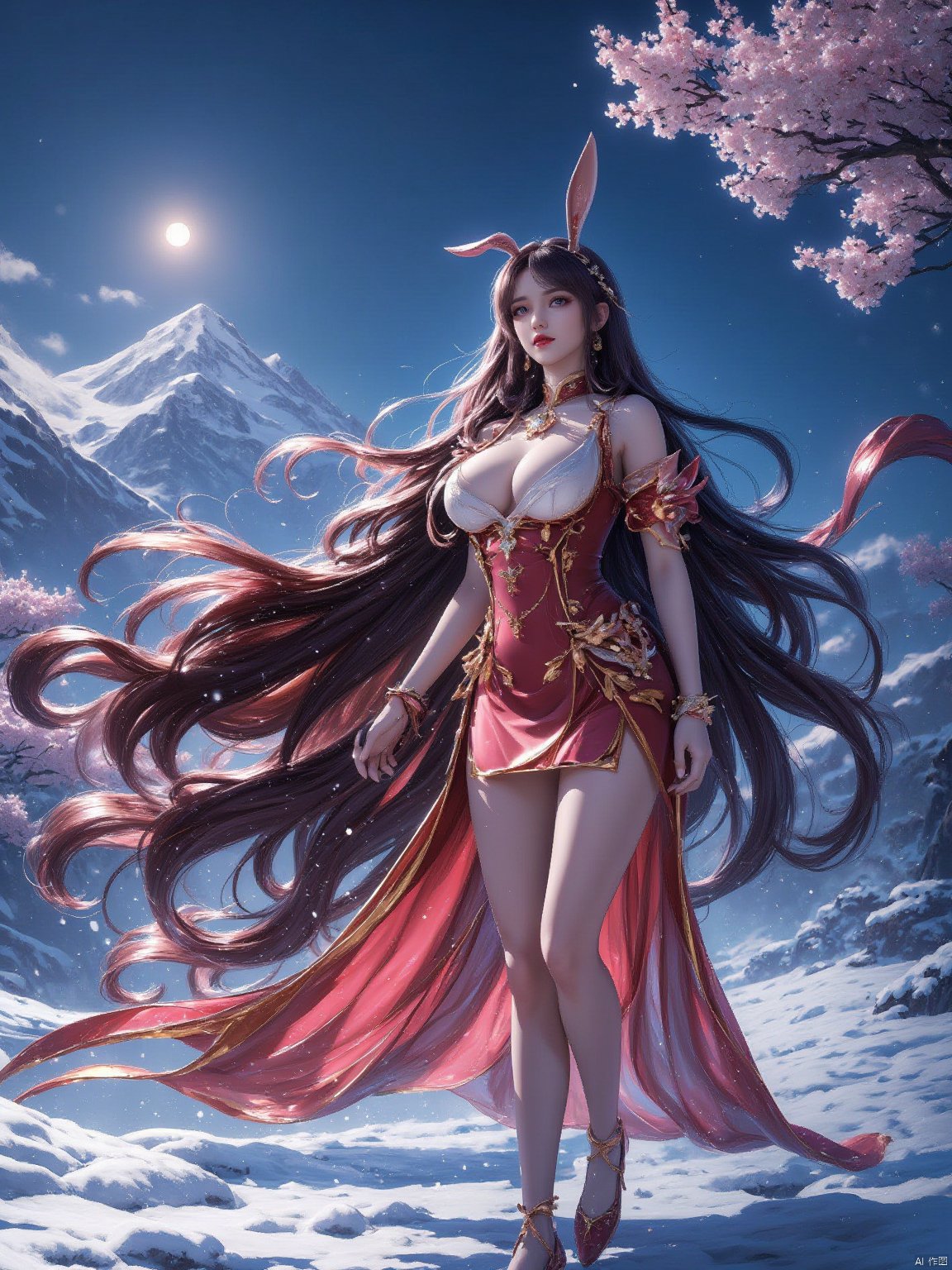 a medium-angle shot of a woman, adorned with long, wavy brown hair, and a red dress adorned with gold accents. She is adorned with a headband adorned with two large, pointy ears. Her hair is flowing in a flowing fashion, adding a pop of color to the scene. The woman, dressed in a stunning costume, stands in a snow-covered field, with a backdrop of a mountain range, dotted with cherry blossoms. The sky is a deep blue, and the moon is visible in the upper left corner of the frame.