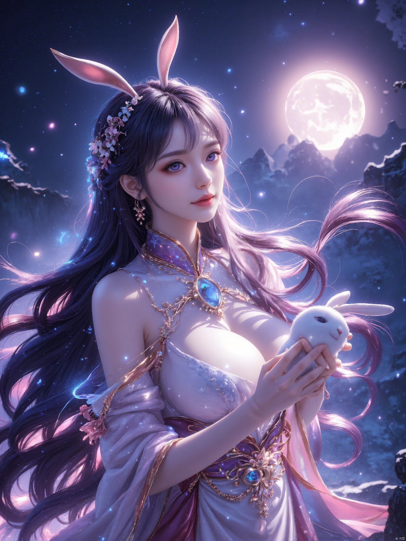 In a dreamlike scene, a woman embodying the Chang'e beauty stands out against a vibrant, fluorescent background teeming with stars. Her clean and beautiful face radiates serenity as she wears a kaleidoscope of colors that seem to shift and shimmer in harmony with the celestial bodies above. She holds a white rabbit close to her heart, while the glowing moon casts an ethereal light on the entire composition.