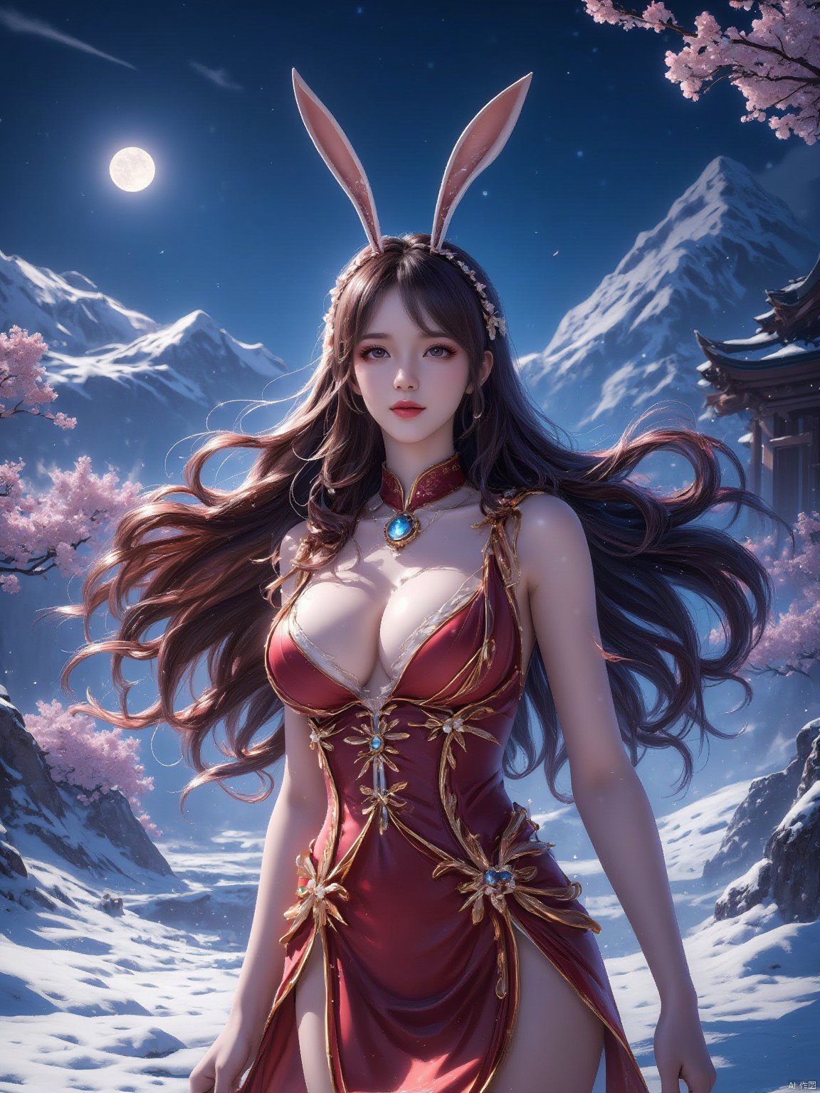 a medium-angle shot of a woman, adorned with long, wavy brown hair, and a red dress adorned with gold accents. She is adorned with a headband adorned with two large, pointy ears. Her hair is flowing in a flowing fashion, adding a pop of color to the scene. The woman, dressed in a stunning costume, stands in a snow-covered field, with a backdrop of a mountain range, dotted with cherry blossoms. The sky is a deep blue, and the moon is visible in the upper left corner of the frame.