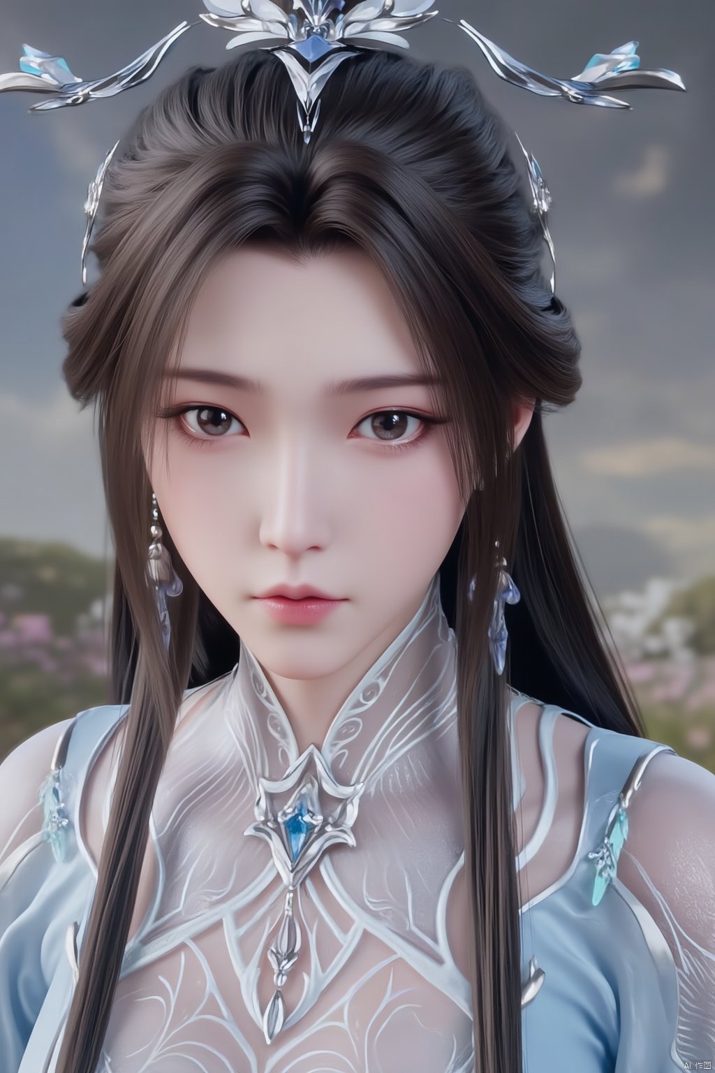  (masterpiece, top quality, best quality, official art, beautiful and aesthetic:1.2),1girl, solo, hair ornament, jewelry,hanfu dress, earrings, chinese clothes, brown hair, ribbon, hanfu, (big breasts:1.89),,Xluxueqi,XAerith,Xyuanyao