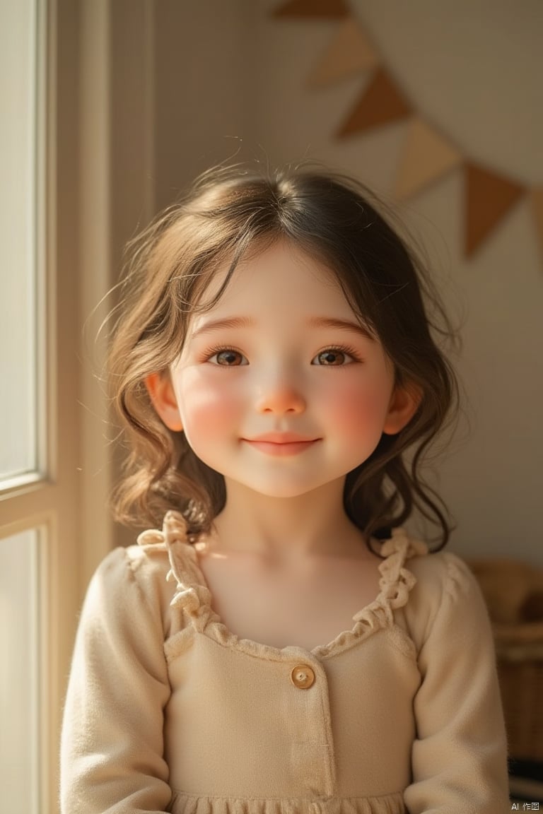 A close-up portrait of a charming girl with a sweet, innocent smile, her eyes sparkling with joy. The lighting is soft and warm, highlighting her delicate features and rosy cheeks. The composition is centered on her face, with a blurred background to focus attention on her expression. She is dressed in a simple, cute outfit, with her hair gently tousled. The location is a cozy, sunlit room with a gentle, inviting atmosphere.