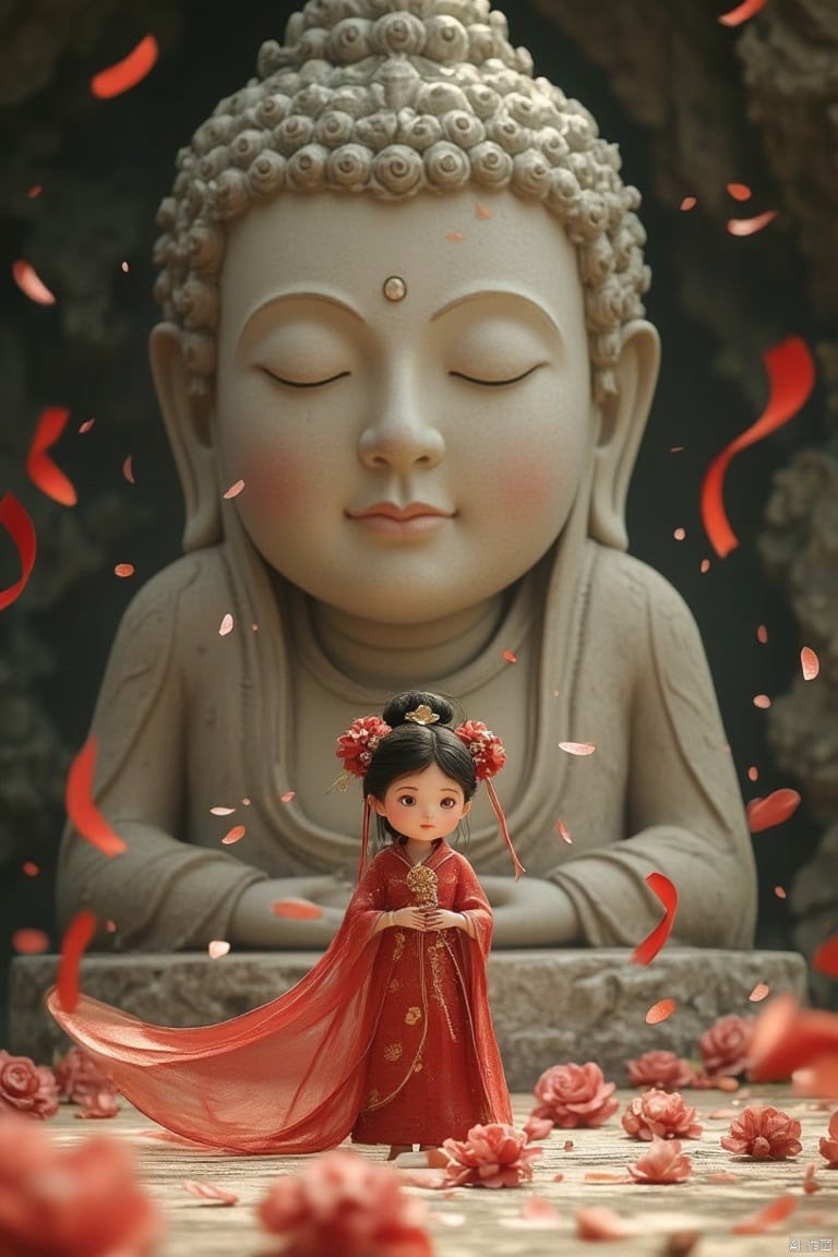 Chinese aesthetics, romance, portrait photography, fantasy, low angle perspective, side view, many Buddha statues carved in ancient grottoes, a young girl wearing a gorgeous red Chinese robe standing in front of a huge Buddha head statue, (Tang Dynasty clothing, Tang Dynasty hair bun, gorgeous), (extremely long red ribbon fluttering in the wind, forming a beautiful shape: 1.3), (gorgeous gold accessories, flying petals in the air, peony flowers: 1.3), (gaze, master composition, devout faith), Zen, white and red, stunning Eastern beauty, mythology, storytelling,