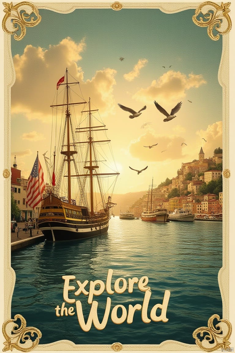 A vintage travel poster featuring a stylized illustration of a bustling harbor at sunset, with tall ships and seagulls in the sky. The scene is framed with a border of ornate, golden filigree. The lighting is warm and golden, casting a soft glow over the water and buildings. The composition is balanced, with the ships in the foreground and the cityscape in the background. The text reads Explore the World in bold, retro lettering. The location is a romanticized coastal town with cobblestone streets and colorful buildings.