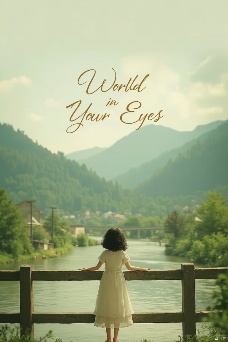 A serene girl stands on a bridge, leaning slightly over the railing, gazing at the picturesque landscape below. The poster features a soft, warm lighting that highlights her contemplative expression and the gentle flow of her dress. The composition centers on her figure, with the bridge and distant mountains framing her view. The text World in Your Eyes is elegantly displayed in a flowing script, adding to the tranquil atmosphere. The location is a peaceful, scenic river town with lush greenery and a calm river.