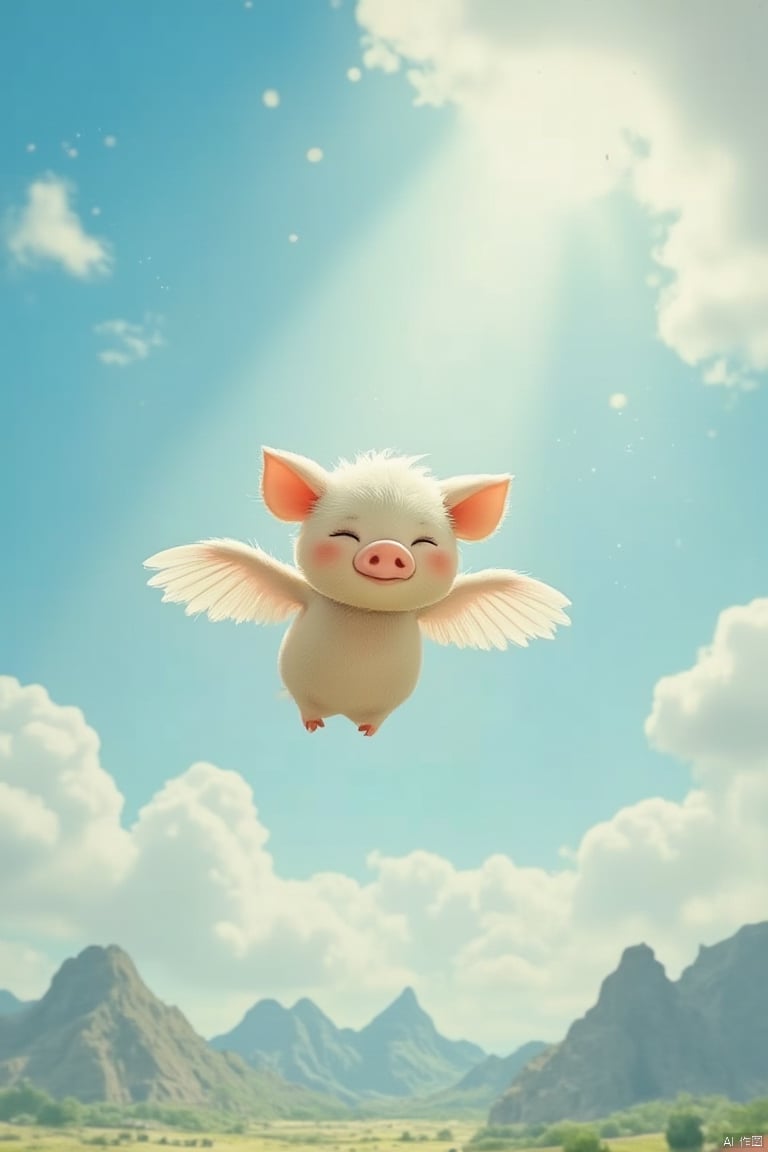 A whimsical scene of a pig soaring through a vibrant, cloud-filled sky, with a serene expression on its face. The lighting is bright and cheerful, with soft rays of sunlight filtering through the clouds. The composition is dynamic, capturing the pig in mid-flight, with its wings spread wide and a gentle breeze ruffling its fur. The location is a fantastical skyscape, with distant mountains and a serene landscape below. The scene is framed with a playful, cartoonish border.