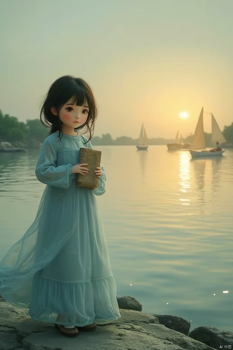 A girl in a light blue long dress stands by the river at dusk. Her skirt sways gently with the breeze, complementing the distant sailing boats and the flowing river. She holds a collection of poems, her eyes revealing contemplation and insight into the verses. The setting sun's afterglow bathes her in a golden halo, making her appear like a fairy from an ancient painting, both gentle and dreamlike.