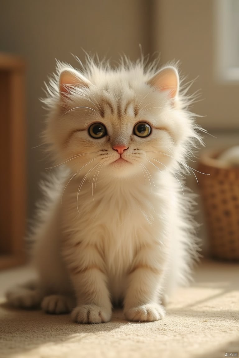 A close-up shot of a cute kitten with big, expressive eyes, sitting upright and looking directly at the viewer. The lighting is soft and natural, casting a gentle glow on its fluffy fur. The composition is centered on the kitten, with a blurred background to emphasize its adorable features. The kitten's pose is relaxed, with its tail curled around its paws, and a playful, curious expression on its face. The location is a cozy, sunlit room with warm tones.