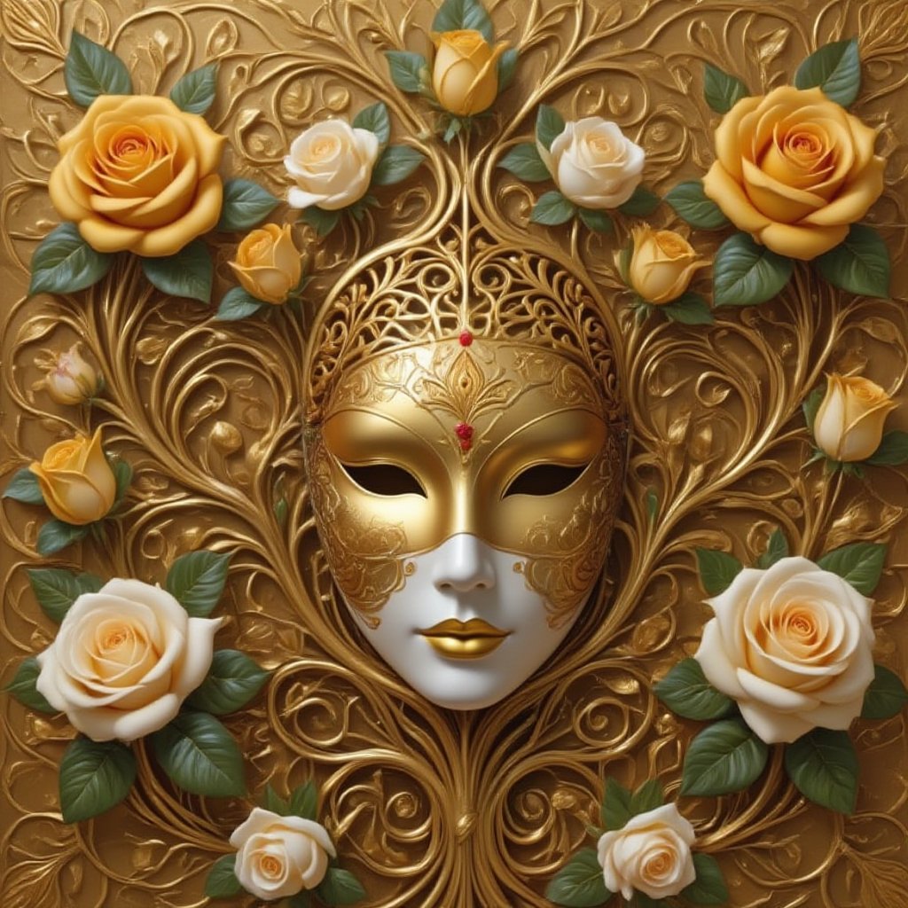 floracelest, portrait of a beautiful women, wearing a golden mask, floweral design mask