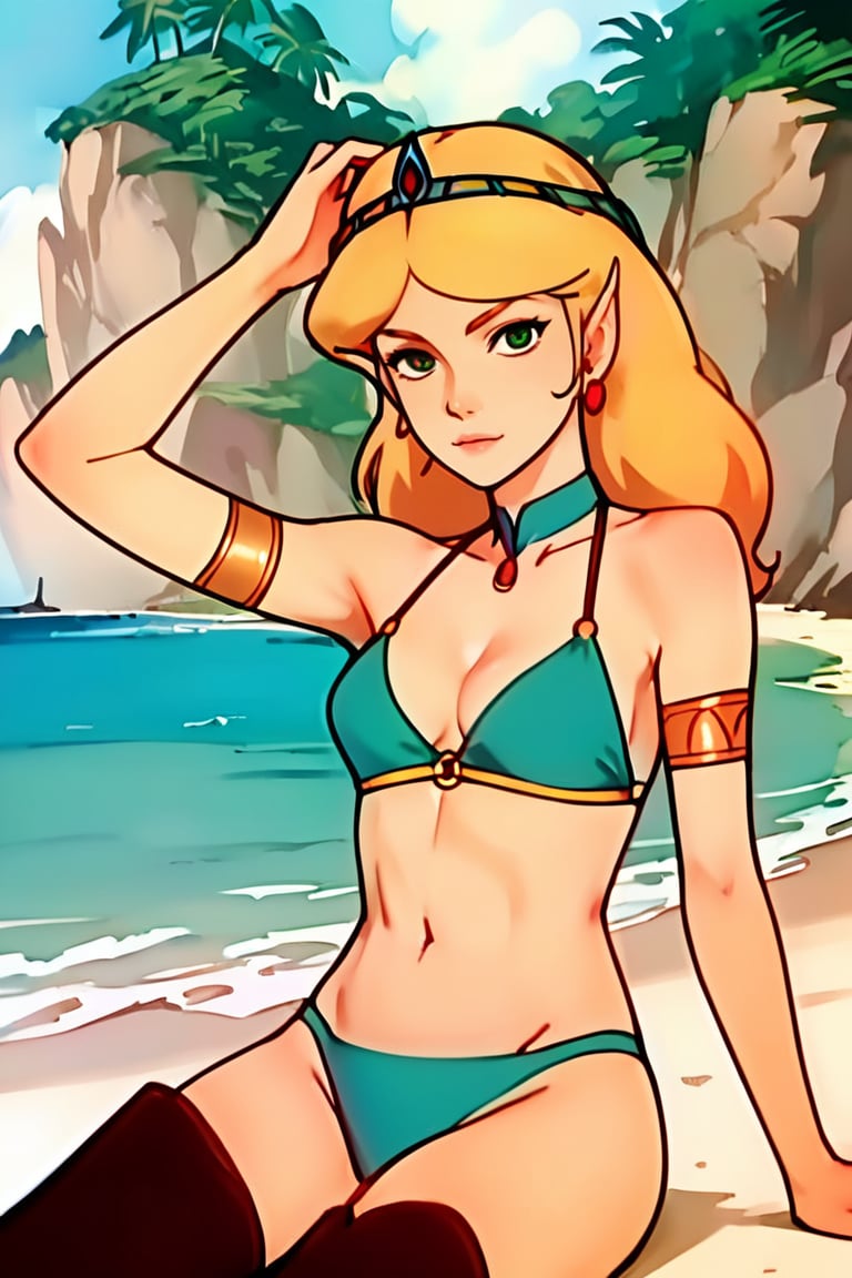 score_9, score_8_up, score_7_up, score_6_up, 1girl,source_anime,ZeldaTAS,blond hair,green eyes,pointy ears,tiara, bikini, outdoors, beach, 80's style, flat color, redish brown thigh high boots, contrapposto, hand over head,