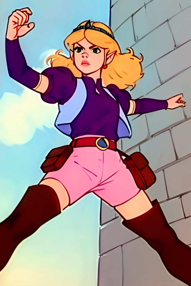 score_9, score_8_up, score_7_up, score_6_up, 1girl,source_anime,ZeldaTAS,blond hair,green eyes,pointy ears,tiara,puffy shoulder purple shirt,light blue sleeveless vest,pink pants,redish brown thigh high boots, fighting pose, from below,  80's style, flat color,