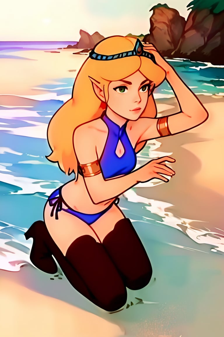 score_9, score_8_up, score_7_up, score_6_up, 1girl,source_anime,ZeldaTAS,blond hair,green eyes,pointy ears,tiara, bikini, outdoors, beach, 80's style, flat color, redish brown thigh high boots, contrapposto, hand over head,