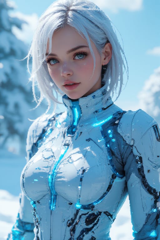 Best picture quality, high resolution, 8k, sharp focus, image of elegant lady, supermodel, pure white hair, blue eyes, wearing high-tech cyberpunk, radiant Glow, sparkling suit, mecha, perfectly customized high-tech suit, ice theme, custom design, 1girl, swordup, looking at viewer, Pixel Art.,Tifa_flux