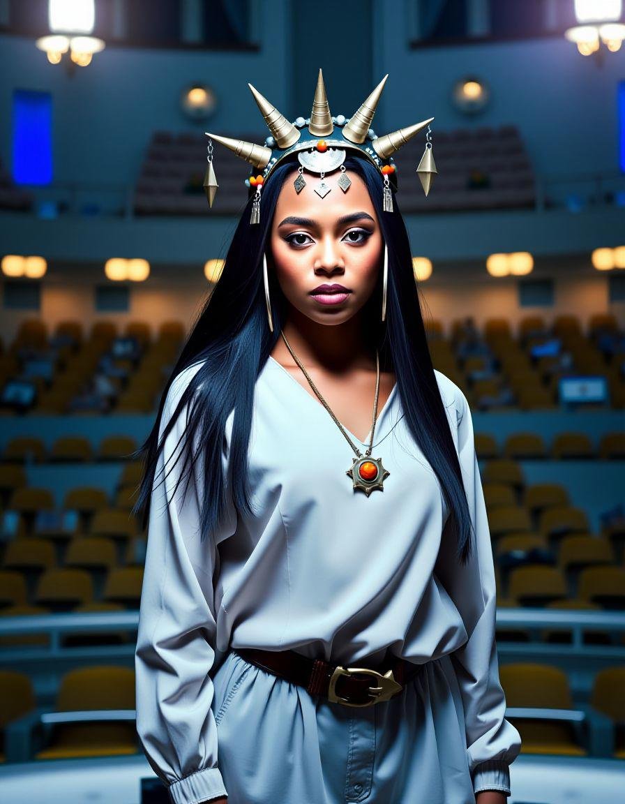 full body, young woman, wearing a headpiece, Bronzor, from inside of a Amphitheater, soft focus, Afrofuturism, studio lighting, atmospheric perspective, girl, <lora:ADRR-bmrn:1>, stunning, extremely stylish, ambient background, stunning detail, highly detailed, vibrant, badge