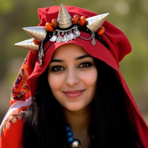 blue feet., The image is a high-resolution photograph of a person with a warm, metallic cones, which includes a vibrant red headscarf wrapped around her head, golden, inviting smile, and a colorful headband with intricate beadwork., reflective, straight black hair cascading down her back. She wears a distinctive headpiece adorned with multiple metallic