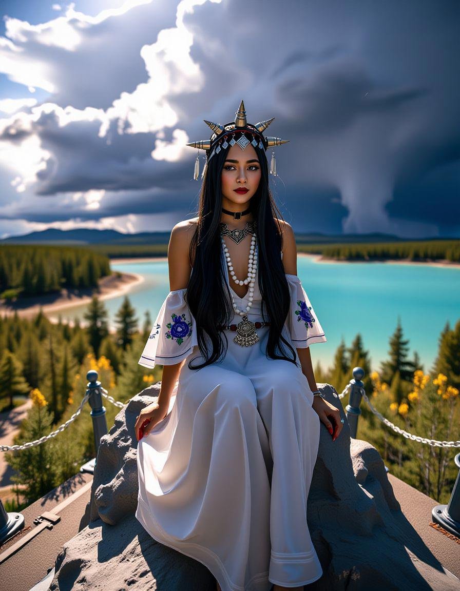 full body, young woman, wearing a headpiece, 2D Game art, landscape of a Light Thermokarst Lake, Thunderstorm, Relaxed, Lowbrow Art, Depth of field 100mm, female, <lora:ADRR-bmrn:1>, highly complex, sunny, handsome, stunning detail, luxurious