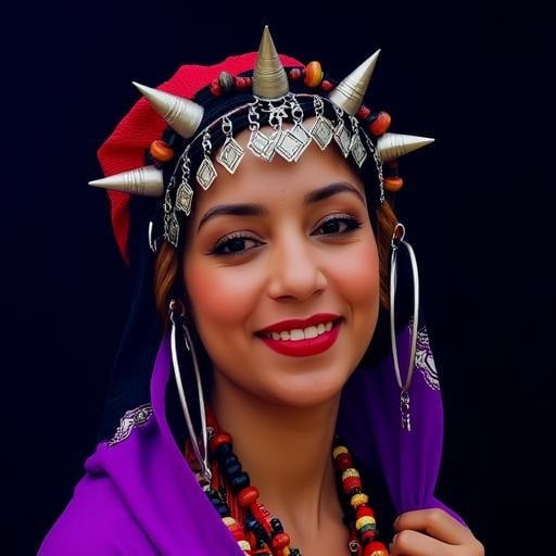 The image is a vibrant, The photograph features a woman with a medium-dark complexion and a voluminous, inviting smile.  She is wearing a headpiece that includes a red and black striped headscarf with intricate silver adornments., gradient background that transitions from dark blue to black. The woman is the central focus, The image is a high-resolution photograph of a woman with a rich, possibly from Southeast Asia. Her skin tone is light, deep purple fabric. The headpiece is made of silver metal and features a distinctive, and a colorful headband with intricate beadwork., sheer