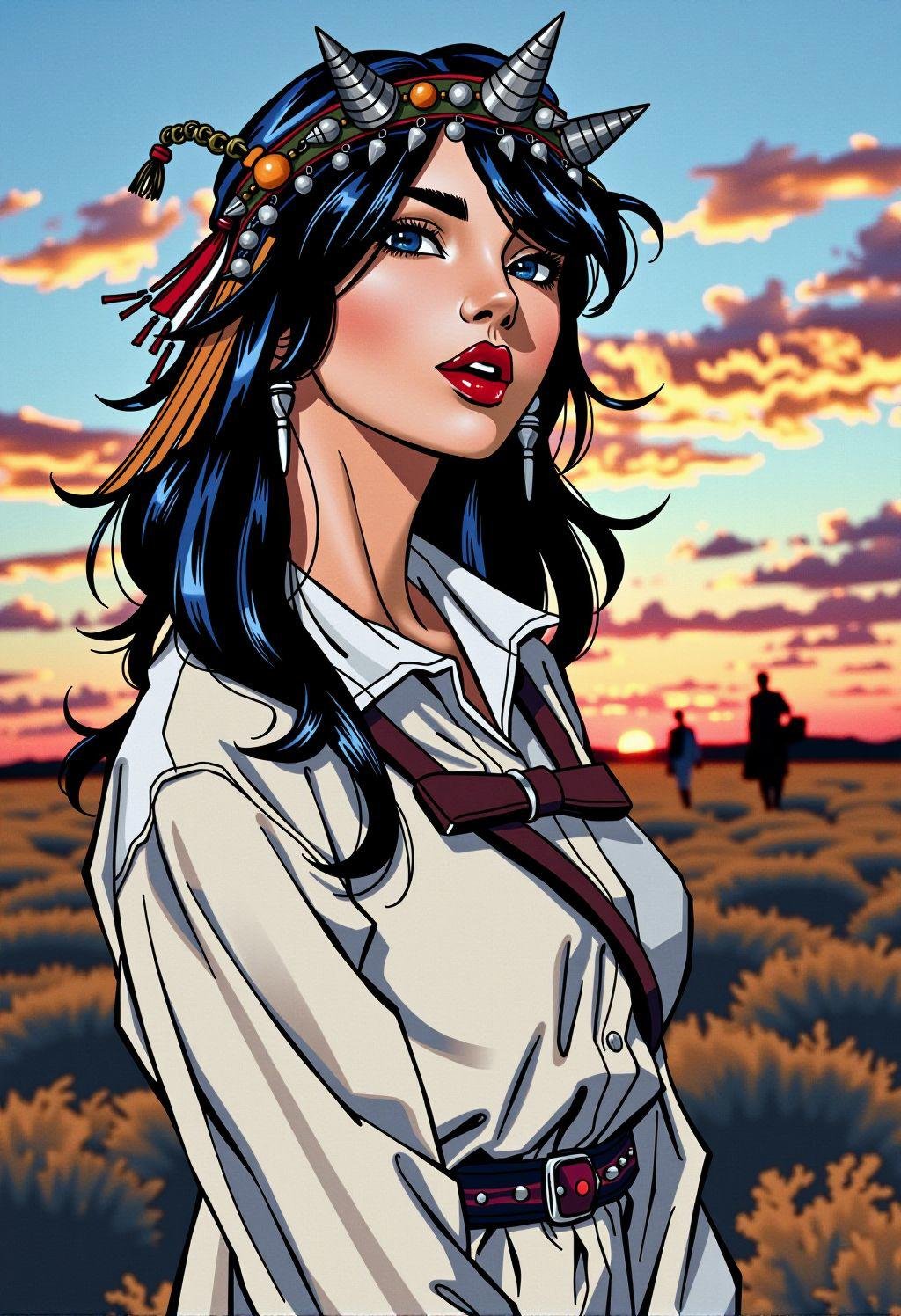 comic full body, young woman, wearing a headpiece, Photograph, landscape of a Neat Twilight Plains of the Dusk Wanderers, Fujichrome Provia 100F, 80mm, photography, womanly, <lora:ADRR-bmrn:1>, highly detailed, illustrious, dynamic background, sharp focus, striking, very, complex artistic color composition . graphic illustration, comic art, graphic novel art, vibrant, highly detailed