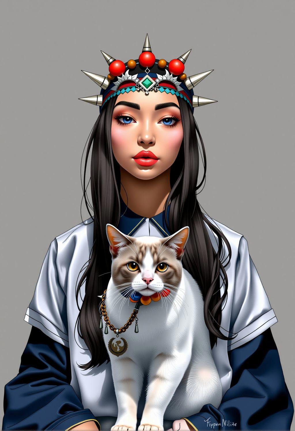 breathtaking full body, young woman, wearing a headpiece, Digital art, Gouache Art, Hip-Hop (Tonkinese Cat:1.1) , Writing, it is dressed in Sleep shirt, The Sleep shirt is Smooth and has Mathematical trimmings on it, Hypersaturated, drawing, girl, <lora:ADRR-bmrn:1>, imposing, polished, illustrious, highly contrasted, highly complex . award-winning, professional, highly detailed