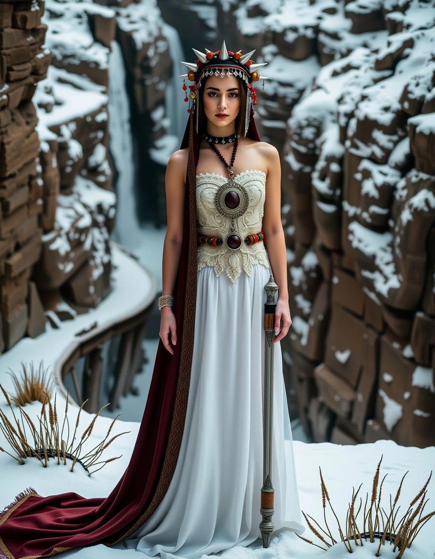 full body, young woman, wearing a headpiece, landscape of a Infernal Chasm and Wizard's academy, Snowy, Lustful, 50mm, female, sexy, <lora:ADRR-bmrn:1>, very coherent, radiant, extremely stylish, dynamic cinematic perfect background, located artistic