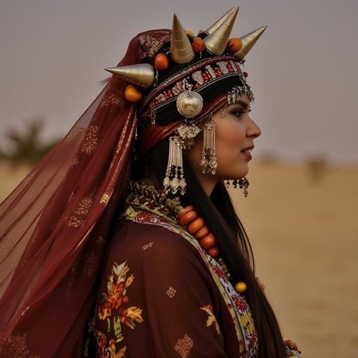 flowing manner, lace veil or dupatta draped over her head and shoulders, deep brown color, amber-colored beads interspersed between the spikes and the central cylinder., beads, sheer, round, wearing elaborate traditional attire. She has long, typical of a chicken