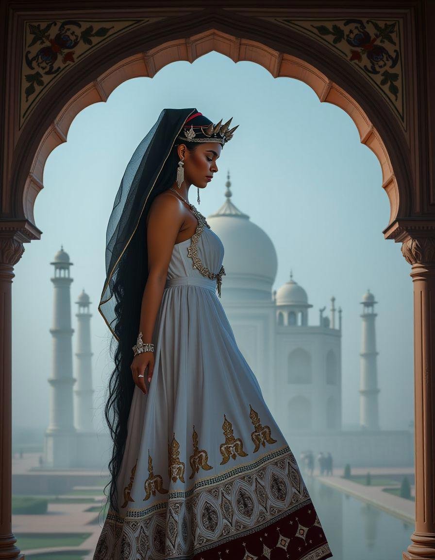 full body, young woman, wearing a headpiece, Trompe Loeil of a Expressive (Taj Mahal:1.2) , from inside a Springs, lava pit with Marigold, Foggy, Sharp and in focus, rich colors, feminine, dramatic, <lora:ADRR-bmrn:1>, vivid colors, magical, polished, fabulous colors, ambient, very, beautiful detailed, badge