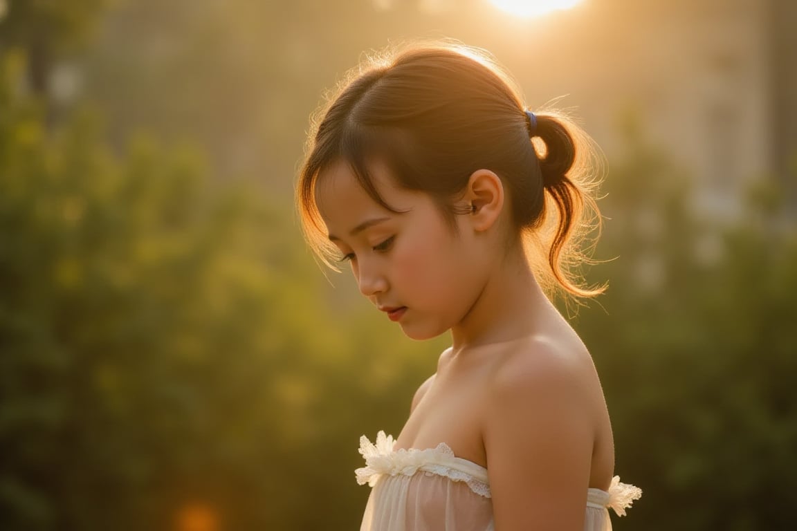 Floodlight,This is a sunlit portrait of a young girl in profile with her back to the camera,bathed in warm,soft light that creates a halo effect around her. Her brown hair is loosely tied back with curls twisting around her face and neck. She is wearing a see-through strapless white dress trimmed with lace. The background is blurred to ensure that the focus is on the subject. The photograph is softly lit and luminous,with delicate romantic tones and an ethereal,dreamy quality. The soft focus enhances the gentle and serene atmosphere of the image., where lush greenery and bold emblazoned words SUNSHINE create a striking visual counterpoint to her melancholic countenance, as if bathed in the faint light of the street lamps.(Film grain: 1.2, ultra detailed skin texture)